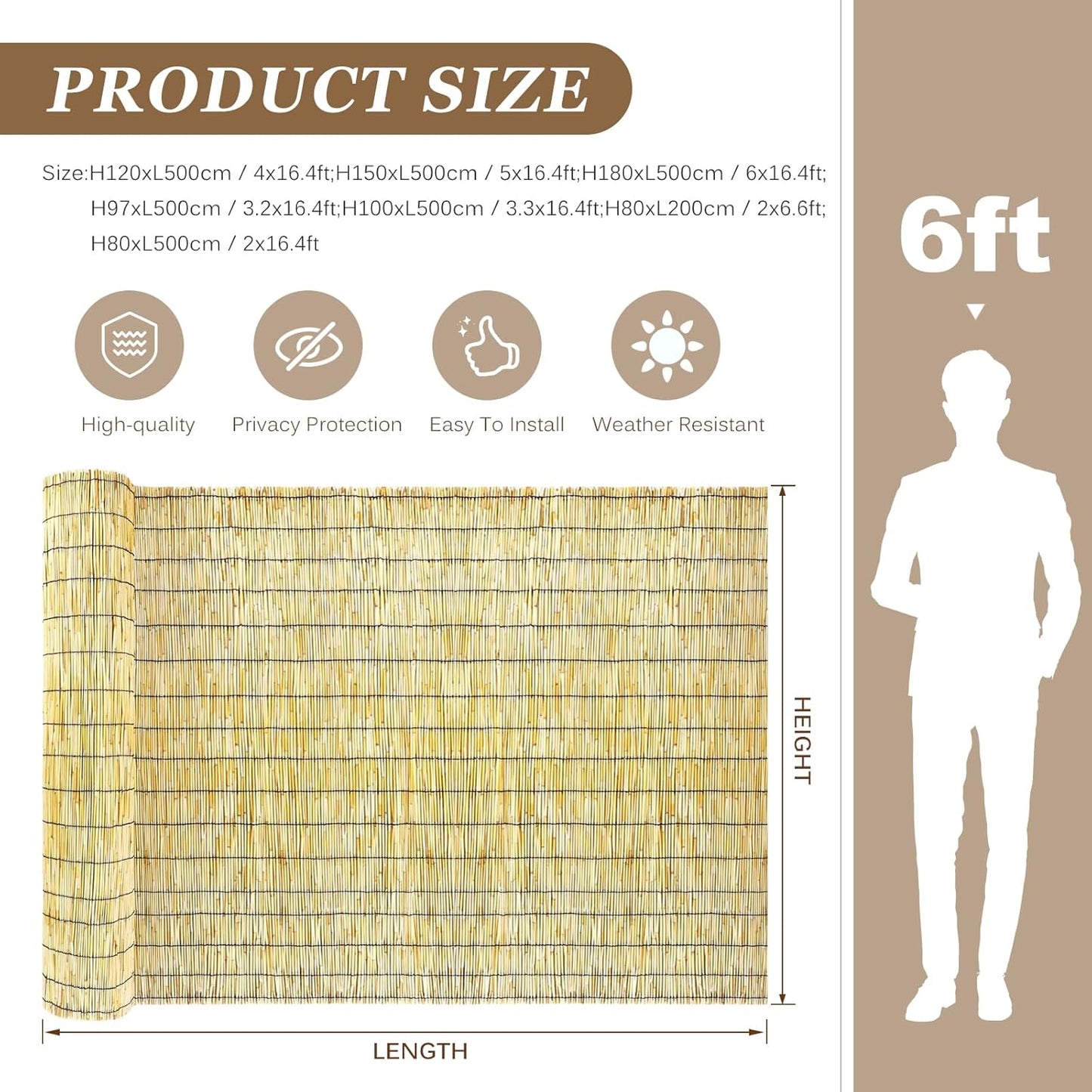 Natural Reed Fencing Rolls: Privacy Bamboo Fence 3/4/5/6ft High Roll Reed Screen, Decorative Bamboo Fencing for Outdoor Balcony Patio Garden Backyard,with Cable Zip Ties (Nature, 5x10ft)