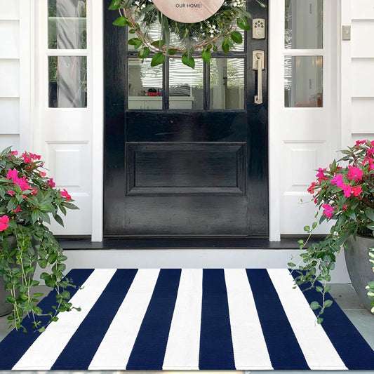 IOHOUZE Navy White Striped Rug -3x5 Front Door Mats Outdoor,Washable Rug for Front Porch Decor,Spring Summer Welcome Mats Outdoor Indoor, Doormat for Farmhouse/Entryway/Home Entrance