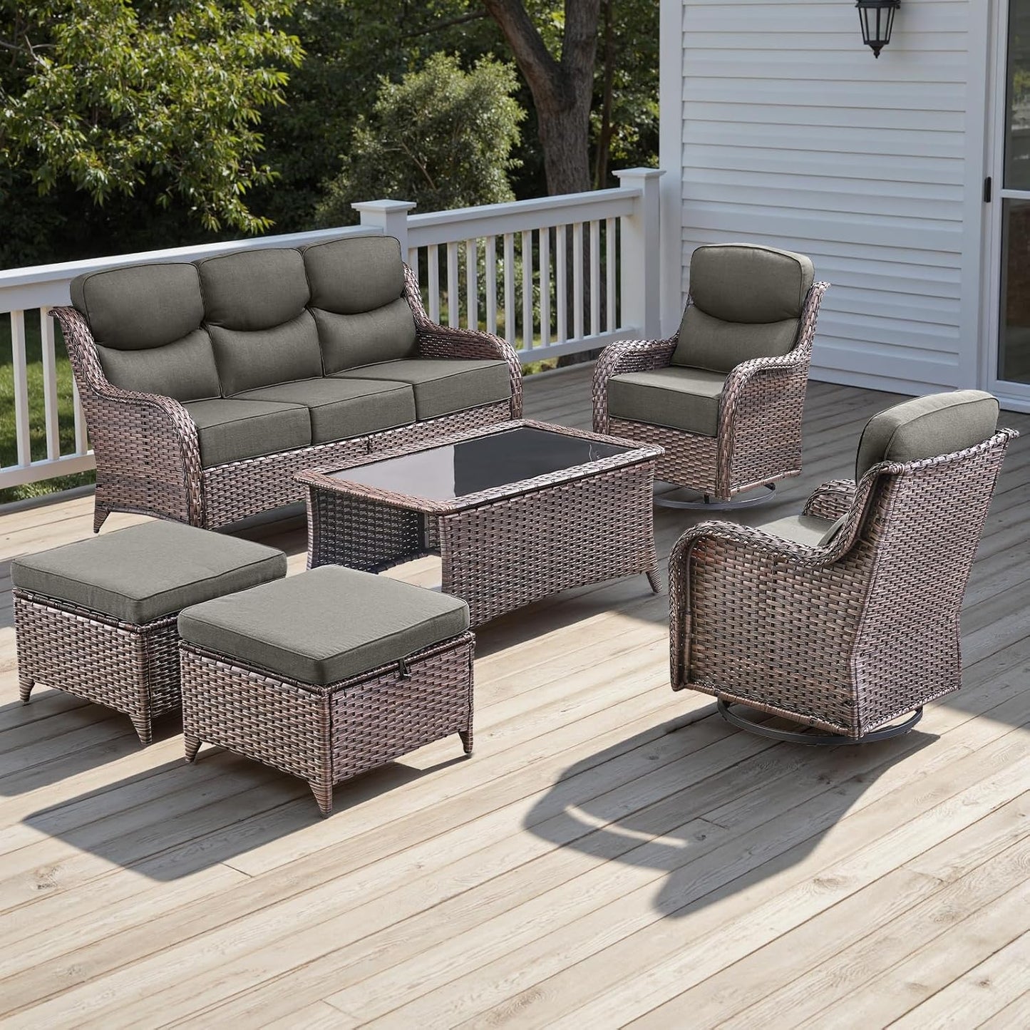 Wicker Outdoor Patio Furniture Set - 6 Piece Patio Conversation Sets with Swivel Rocker Chairs, Ottomans, Sofa and Coffee Table, 6 inch Cushions, Deep Seating, for Porch Deck Brown/Grey