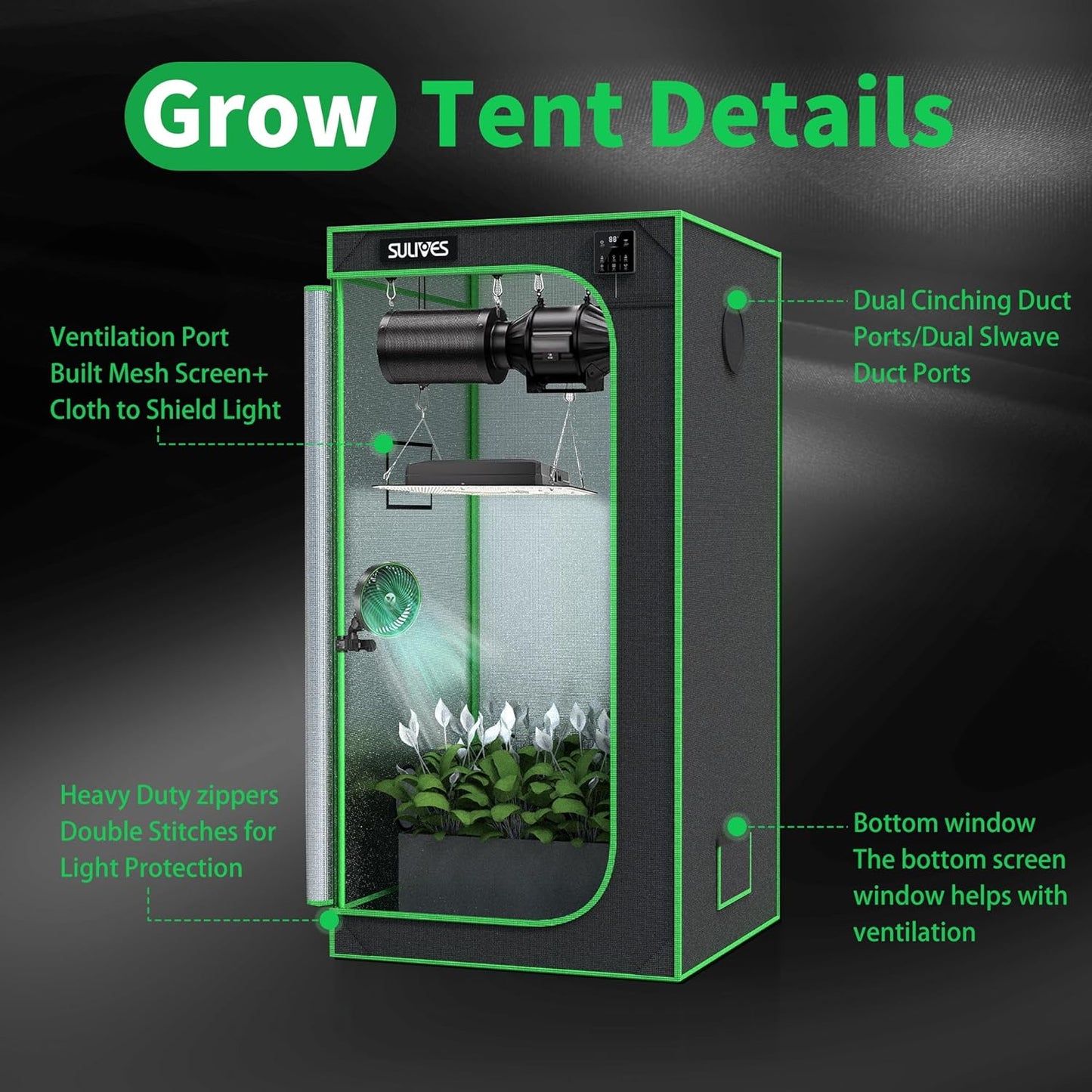 SULIVES Grow Tent, 63"x32"x32" Indoor Hydroponic Water-Resistant System with Removable Floor Tray and Observation Window, Easy Setup,600D Mylar Hydroponic Dark Room for Indoor use.