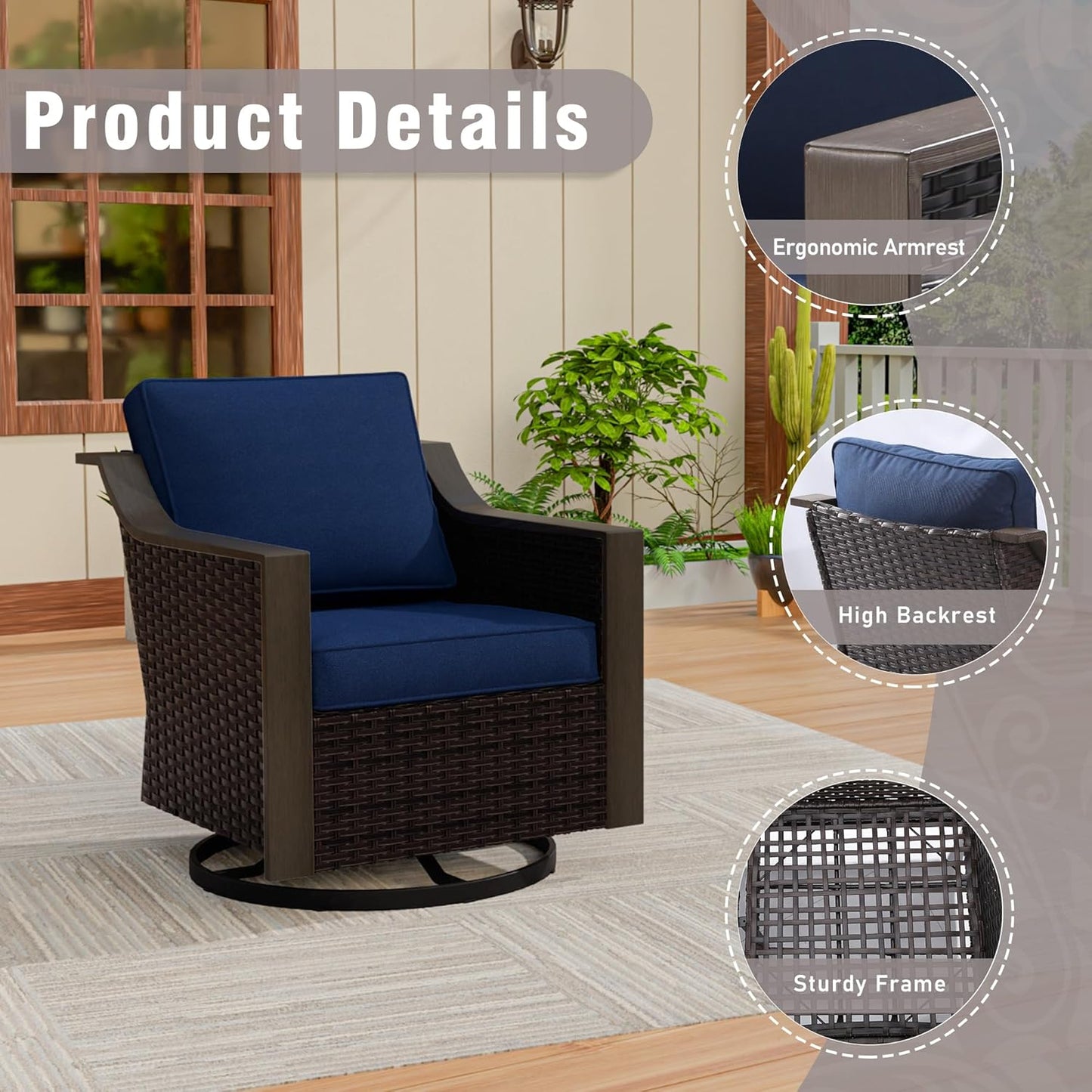 4 Piece Wicker Patio Conversation Set, All-Weather Use Outdoor 2 PE Rattan Swivel Chair, 2 Ottoman, Removable Water-Resistant Cushion, Ideal for Porch, Backyard, Balcony, Poolside, Blue