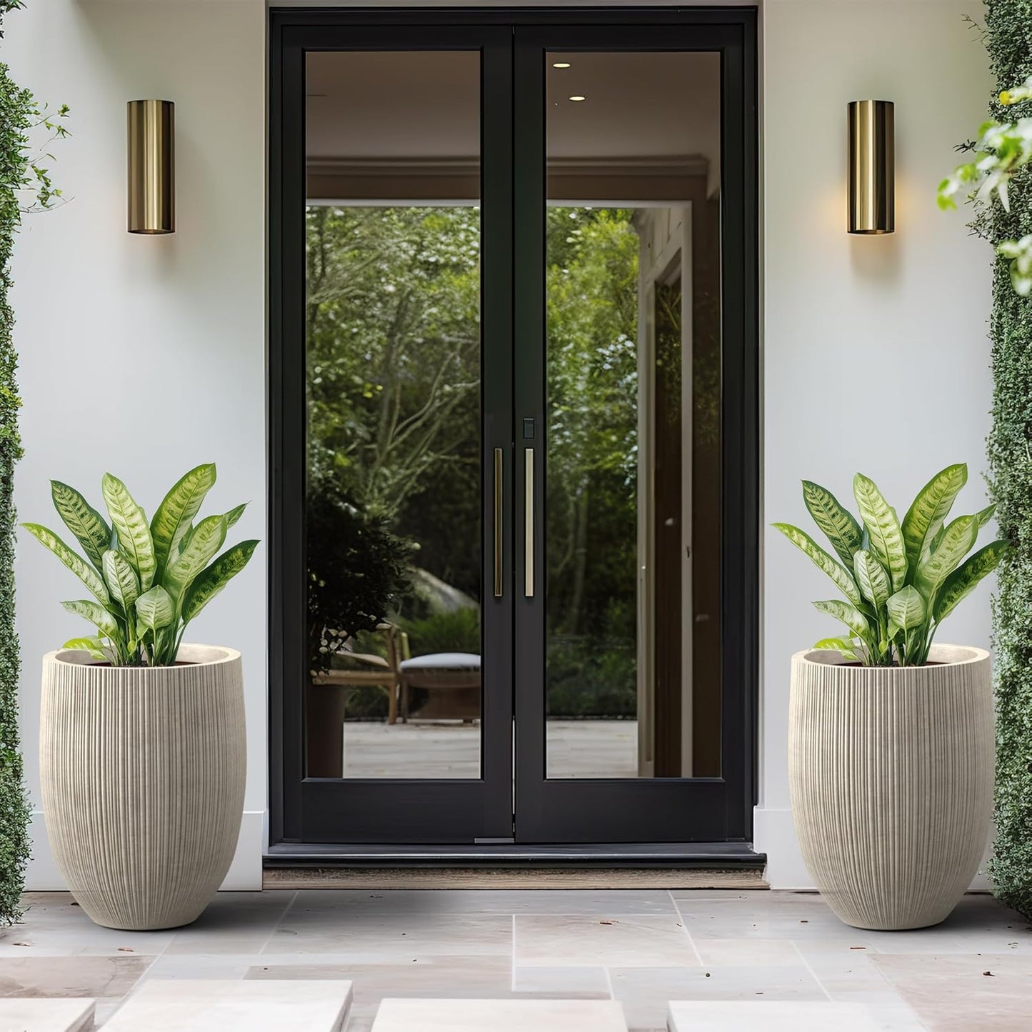 Kante Round Fluted Concrete Planter, 16.9-Inch Dia Barrel-Style Pot with Drainage Hole, Weathered Finish with Warm Brown Interior, 13.7" Opening, for Indoor and Outdoor Use