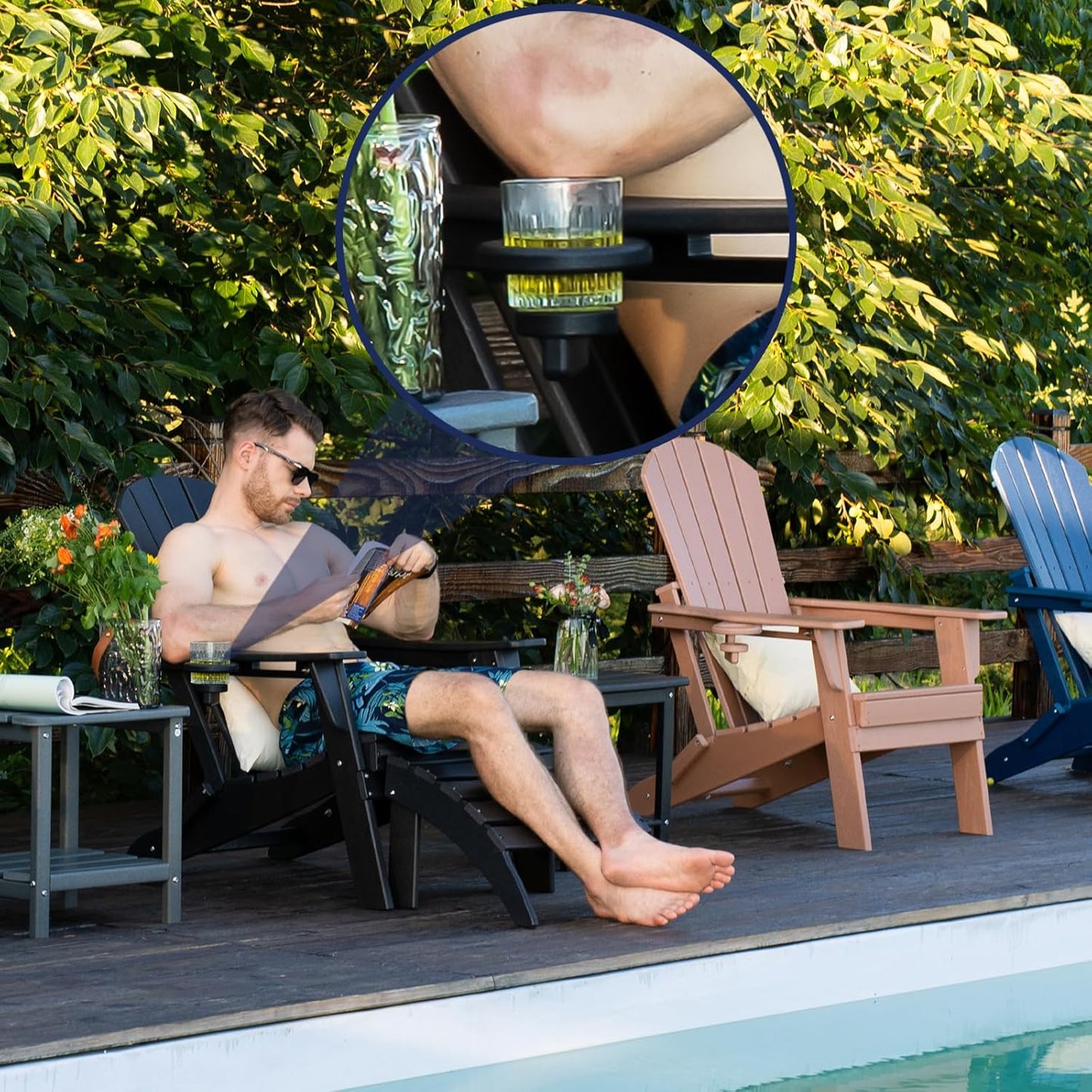 Folding Adirondack Chair - Extended Ergonomic Backrest, Cup Holder - Easy Assembly - Durable HDPE Plastic, Weather Resistant & Maintenance-Free - Lawn, Patio, Deck Supports 380lbs Grey