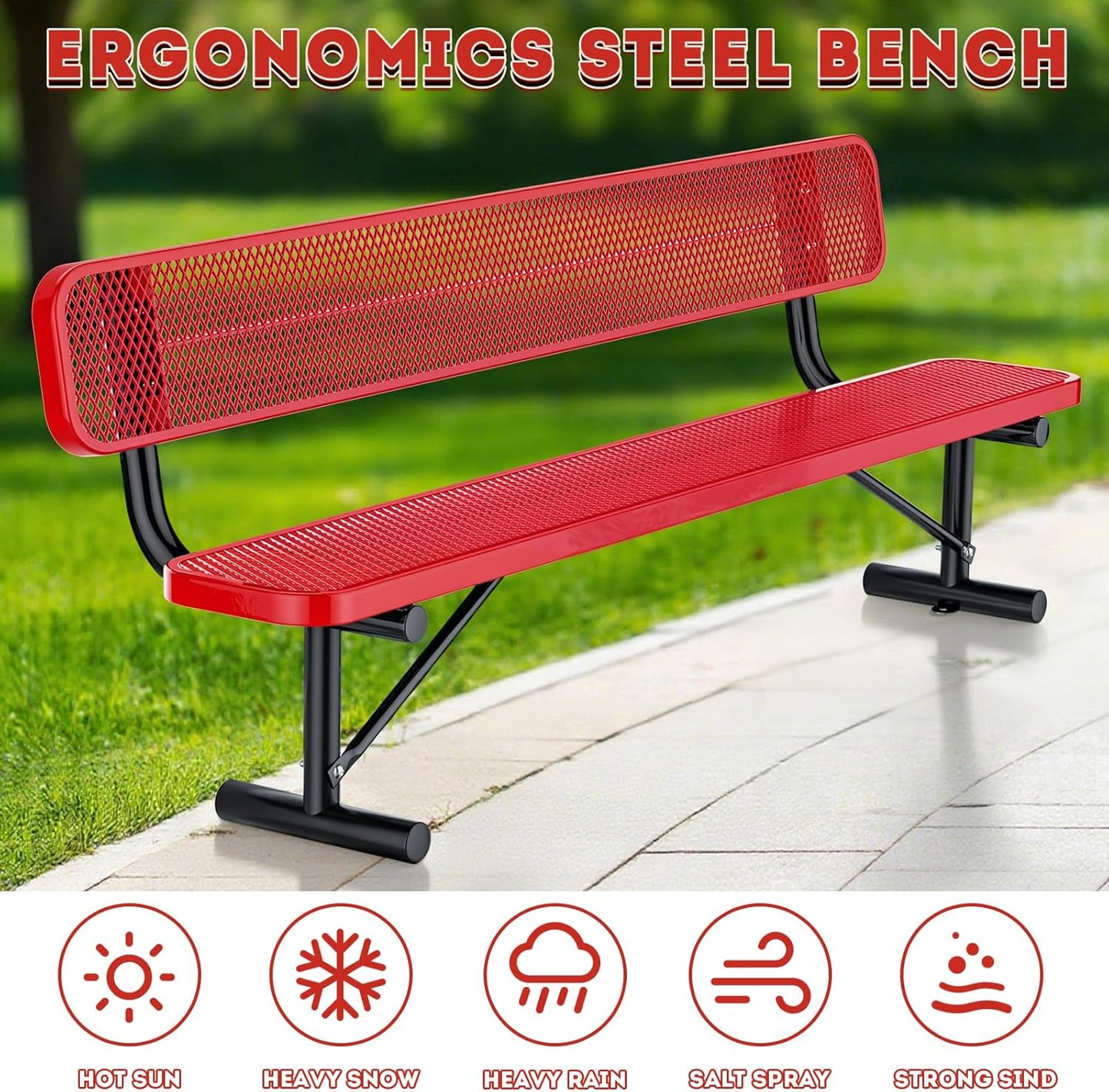 8Ft Heavy Duty Park Bench with Back Portable Frame, Outdoor Steel Bench with Backrest, Expanded Metal Mesh Bench for Lawn, Park, Deck, Garden, Patio, Porch, Red