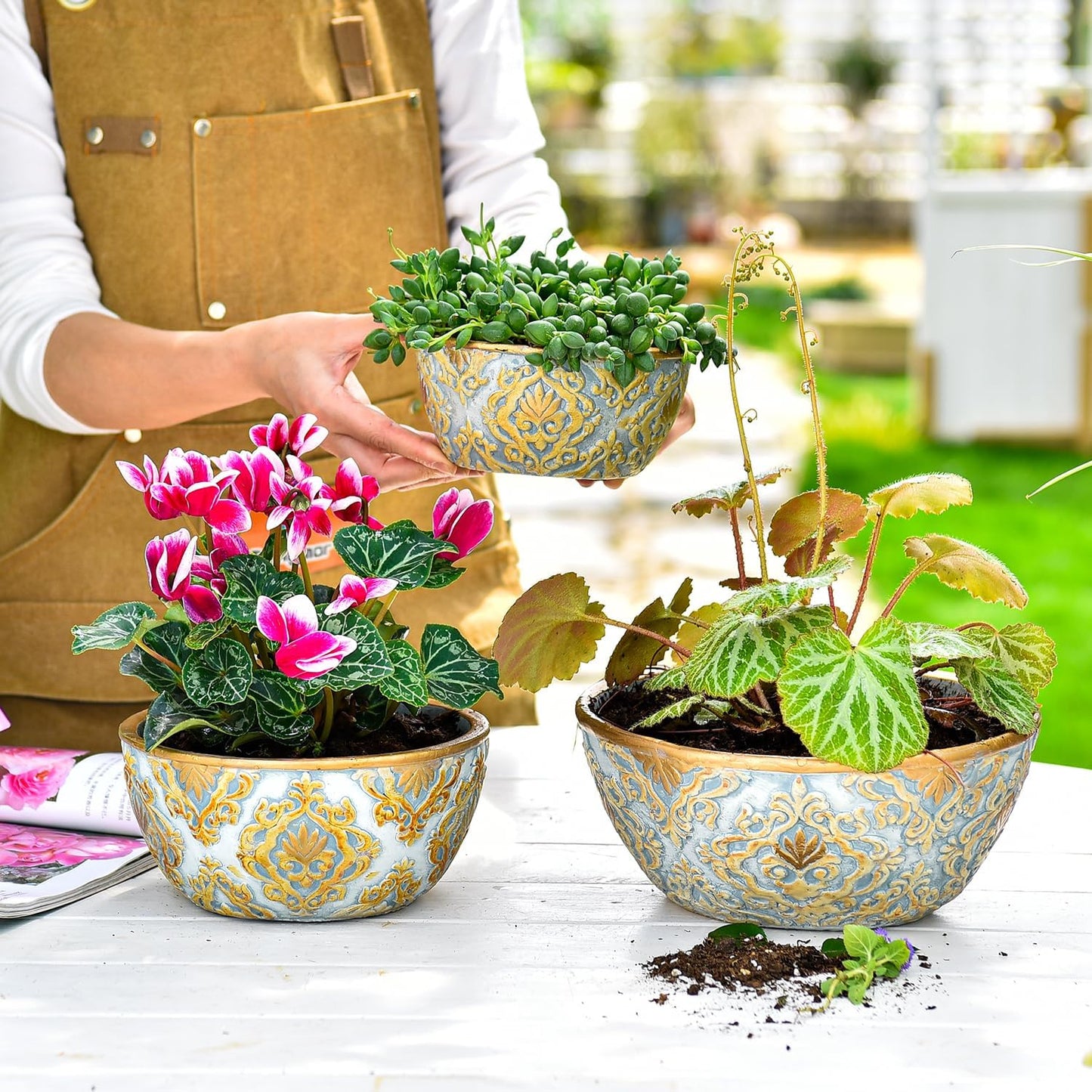 Sungmor Cement Planter Succulent Pots, Set of 3 Concrete Cactus Plant Pot with Drainage Hole, Embossed Design Flower Pot for Home Office Decor, 5.9" & 7.5" & 9.4" Indoor Outdoor Plants Container