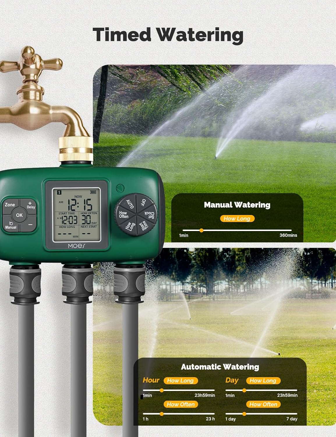 MOES 3 Outlet Sprinkler Timer, Brass Inlet, Programmable Automatic Irrigation Controller, Rain Delay, Manual Watering, 3 Zone Water Hose Timer for Gardens, Lawns, and Hose Systems