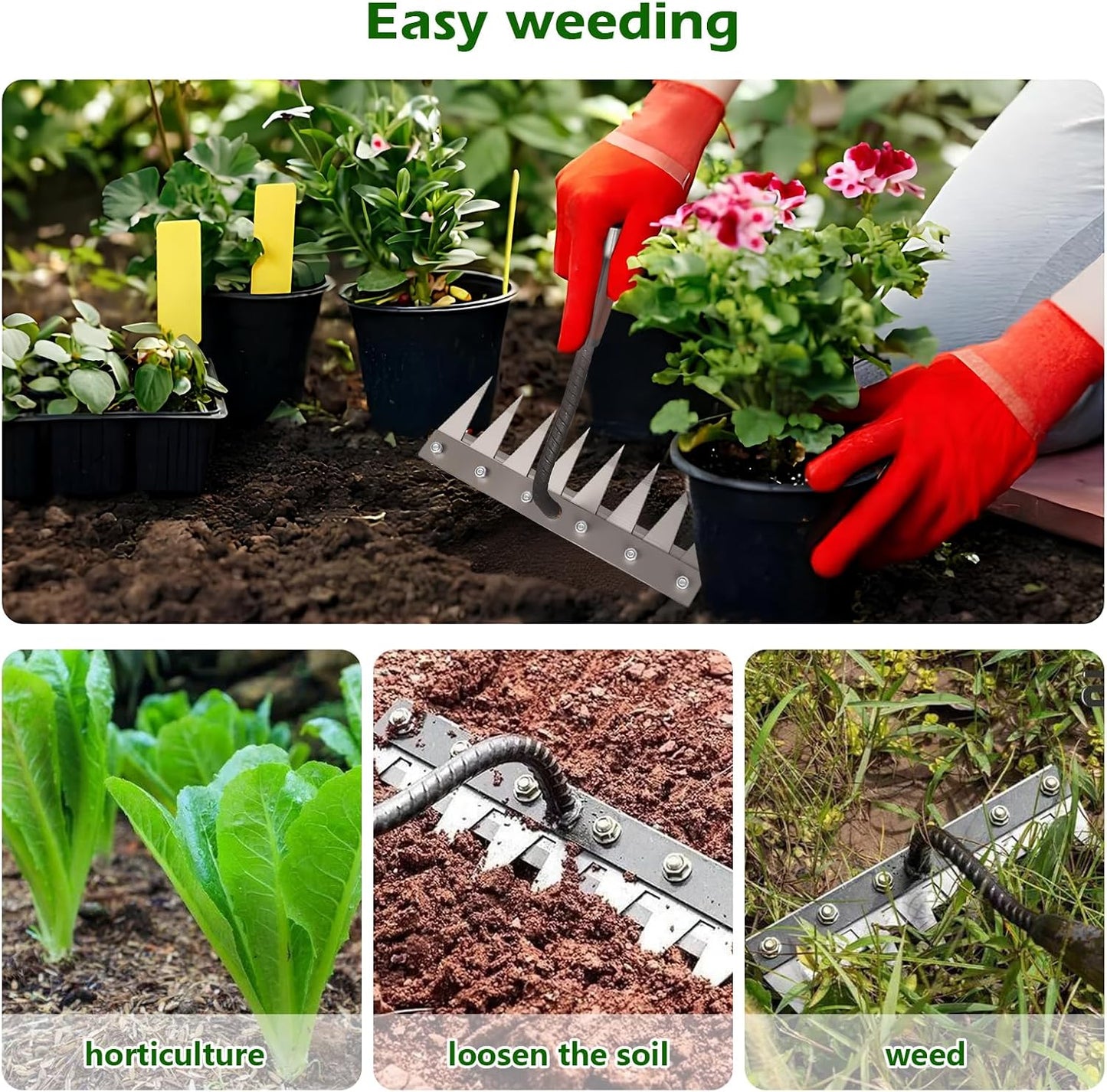 Iron Weeding Rake 2.0, New 5/6/7/8 Garden Weeder Rakes, Heavy Duty Yard Rake Hand Weeder Puller Tool for Efficient Weed Removal, Soil Cultivation, and Lawn Care, Without Stick (6 Teeth)