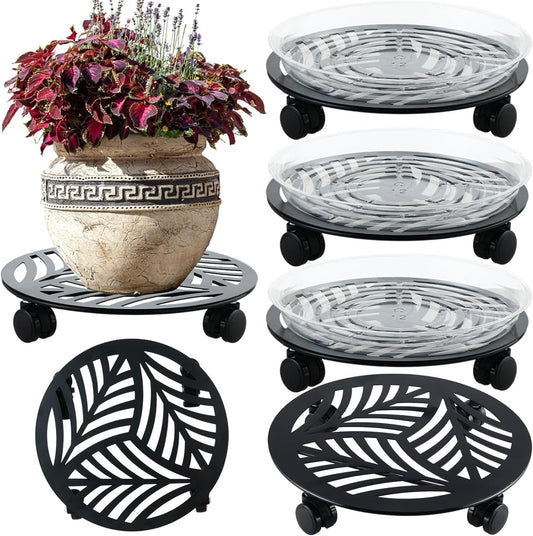 4 Packs Large Metal Plant Caddy with PU Wheels 13" Heav-duty Wroght Iron Rolling Plant Stands Indoor Outdoor Wheeled Plant Dolly Planter Mover Rollers Plant Trolley Cart, Plant Saucers Included