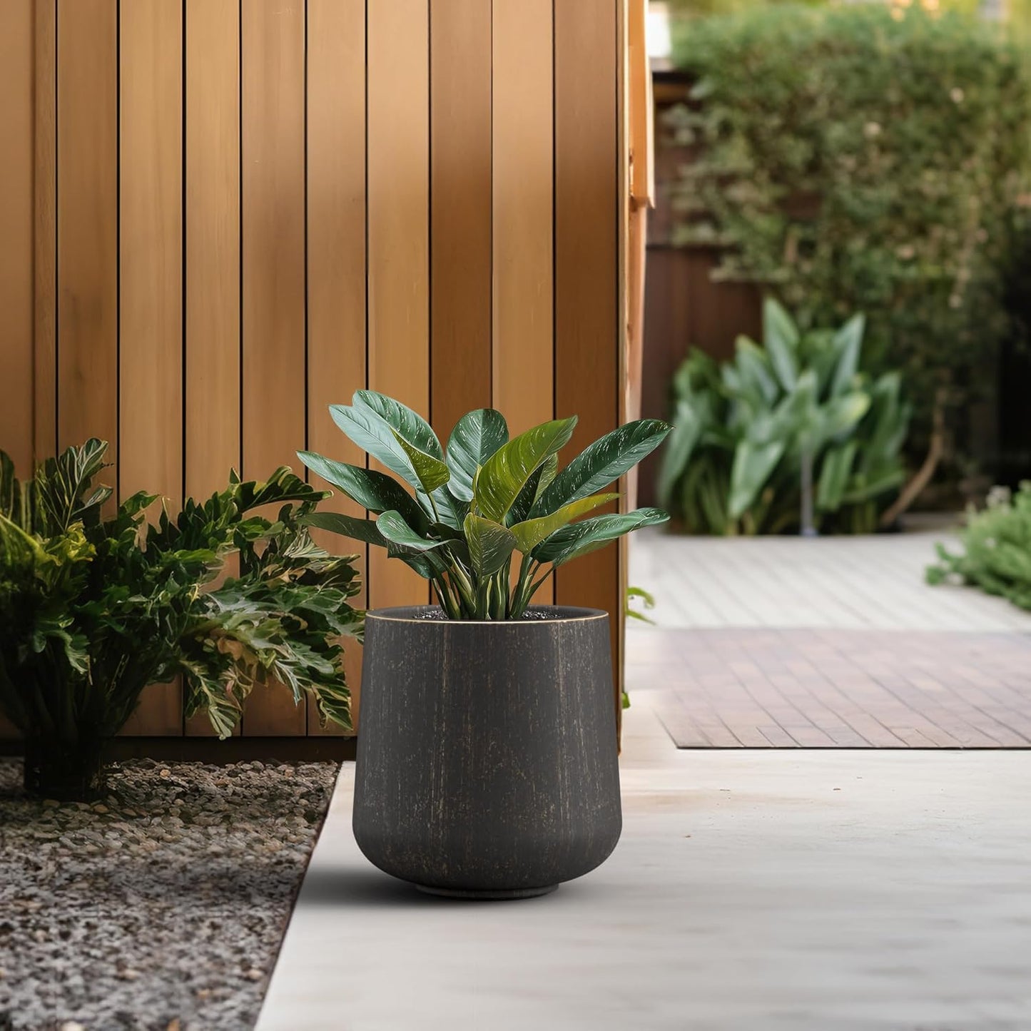 Kante 11.6" Dia Round Concrete Planter, Outdoor Indoor Large Plant Pots Containers with Drainage Hole and Rubber Plug for Home Garden Patio, Oil Rubbed Bronze