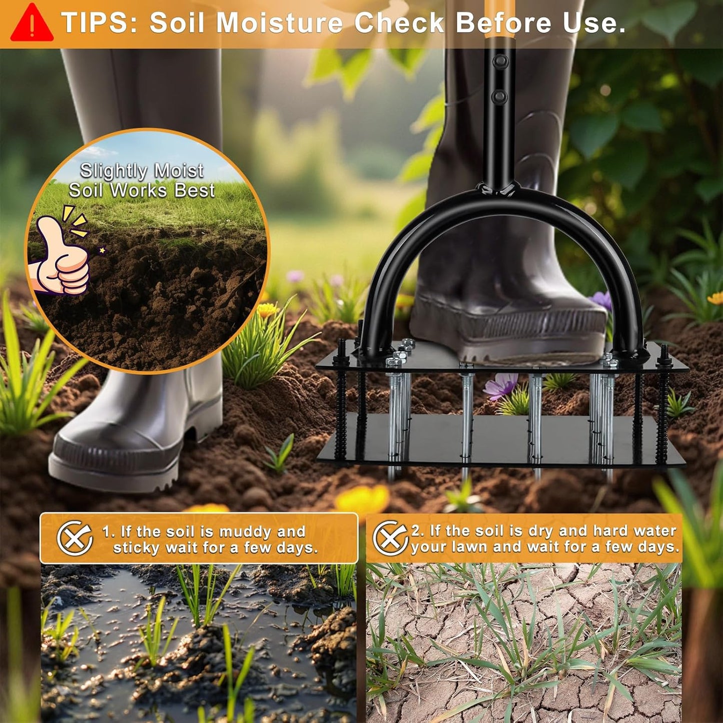 Manual Lawn Aerator Tool with 16 Steel Spikes, Adjustable T-Handle Hand Aerator Lawn Tool with 4-Spring Self-Cleaning Design for Soil Loosening & Grass Root Growth in Lawn, Garden & Backyard