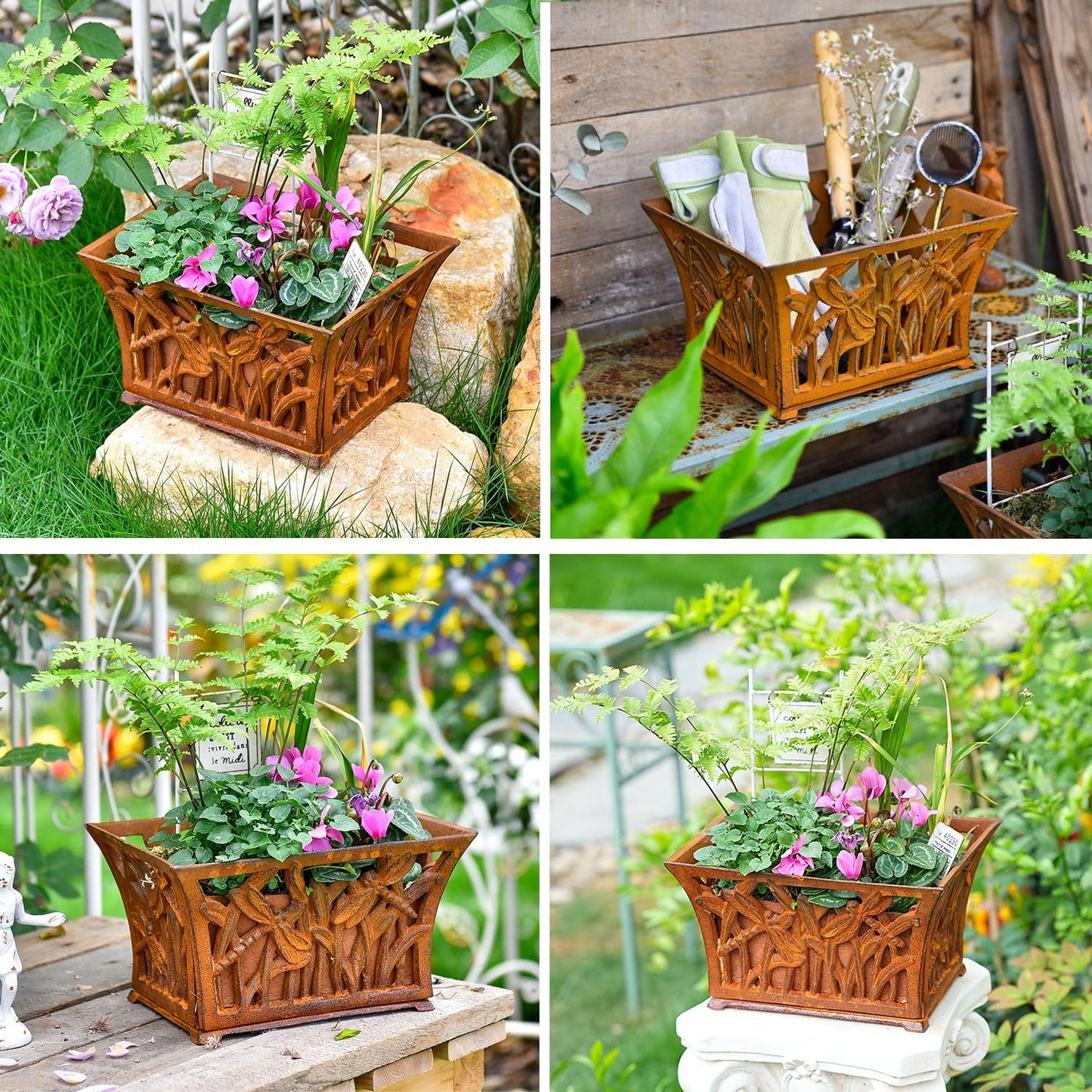 Sungmor Heavy Duty Cast Iron Planter Basket w/Non-Woven Growing Bag, Unique Shape & Beautiful Pattern Design, Hollow Orchid Flower Pot Garden Tools Holder, Full Rusted French Country Decor Container