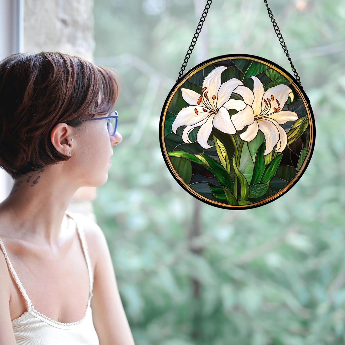 Stained Glass Window Hanging, White Lily Suncatcher for Door Garden Patio Birth Flower Green Plant Sun Catchers Decor Christmas Mother's Day Birthday Gifts for Women Mom Nana Friend 7.8 in