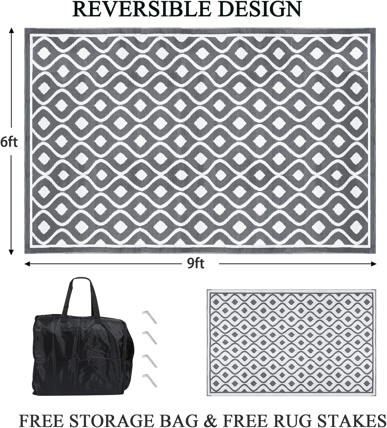 Pauwer Waterproof Outdoor Rug 6x9, Reversible Plastic Straw Patio Camping Rug, Indoor Outdoor RV Mat Carpet for Deck, Camper, Porch, Balcony, Backyard, Picnic, Geometric Grey