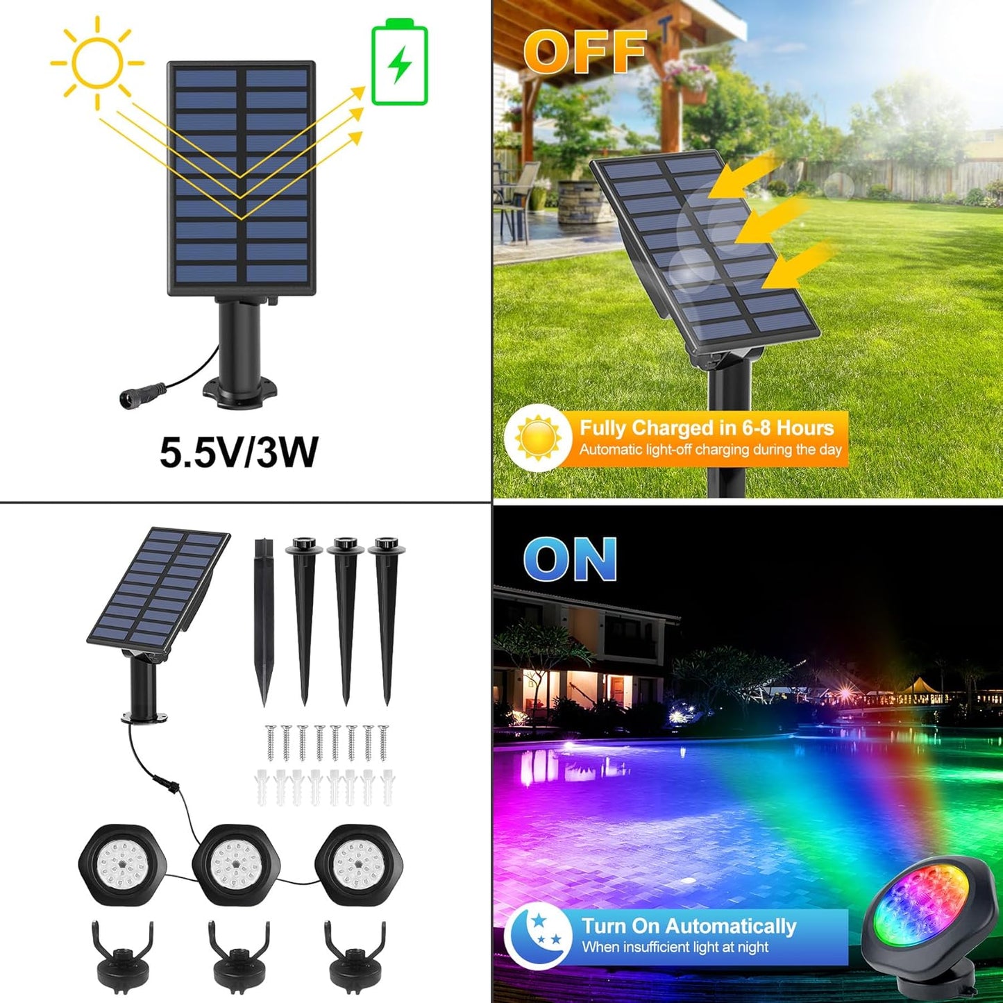 Solar Pond Lights, 18 LED Super Bright RGB LED Underwater Spotlights Color Changing Submersible Pond Light IP68 Waterproof Fountain Lights for Fish Aquarium Tank Garden Yard Pool (3-in-1)