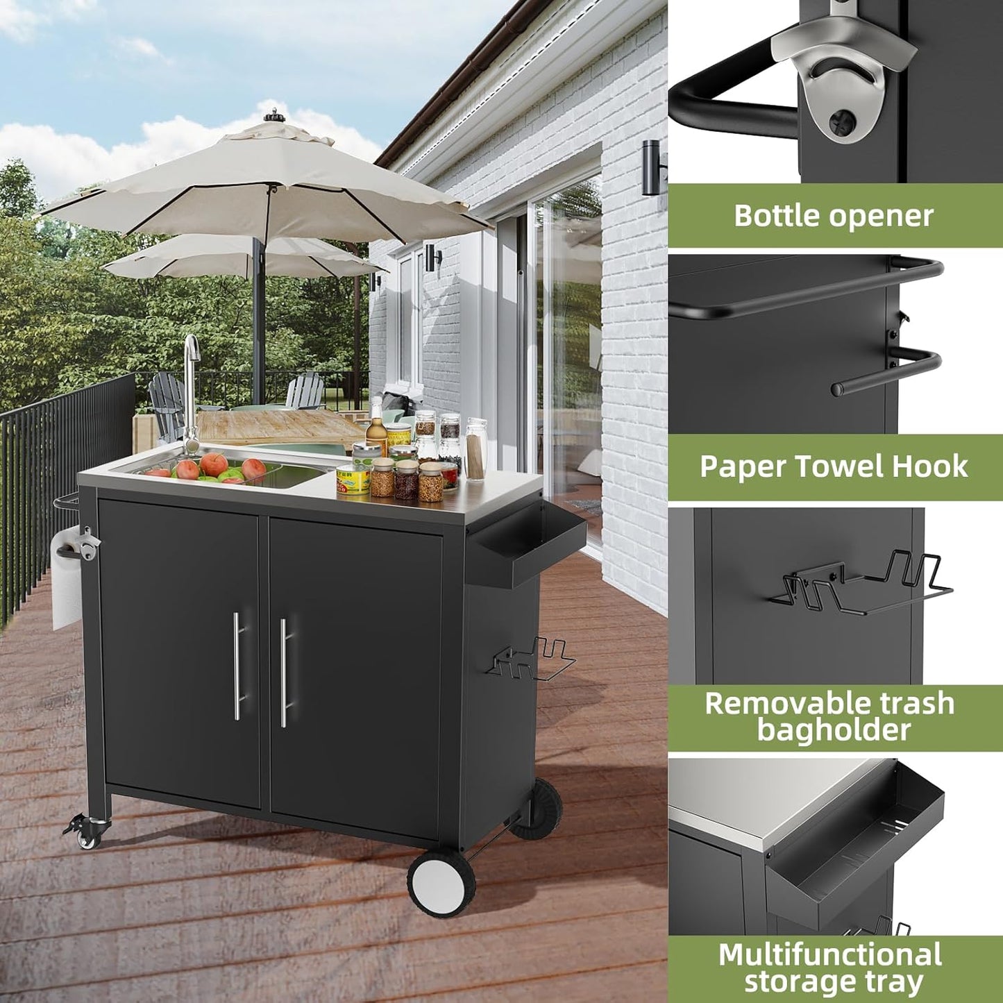 Outdoor Grill Table with Sink, Grill Cart with 304 Stainless Steel Sink and Cabinet, Outdoor Grill Cart,Outdoor Cart Sink Station with Wheels, 38in x 18in x 35in