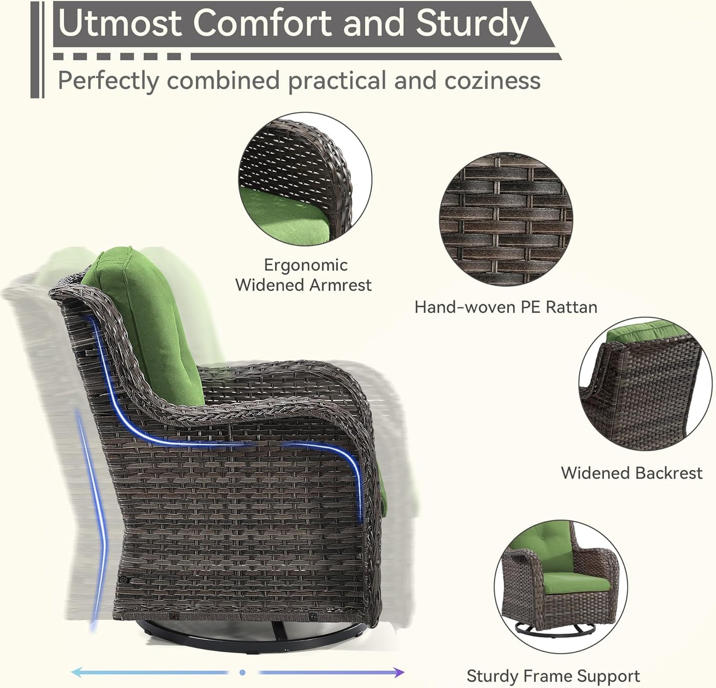 Outdoor Swivel Rocker Patio Chair - Outdoor Wicker Patio Glider Chair with Olefin Fabric Cushions Suitable for Backyard Deck and Porch, Green