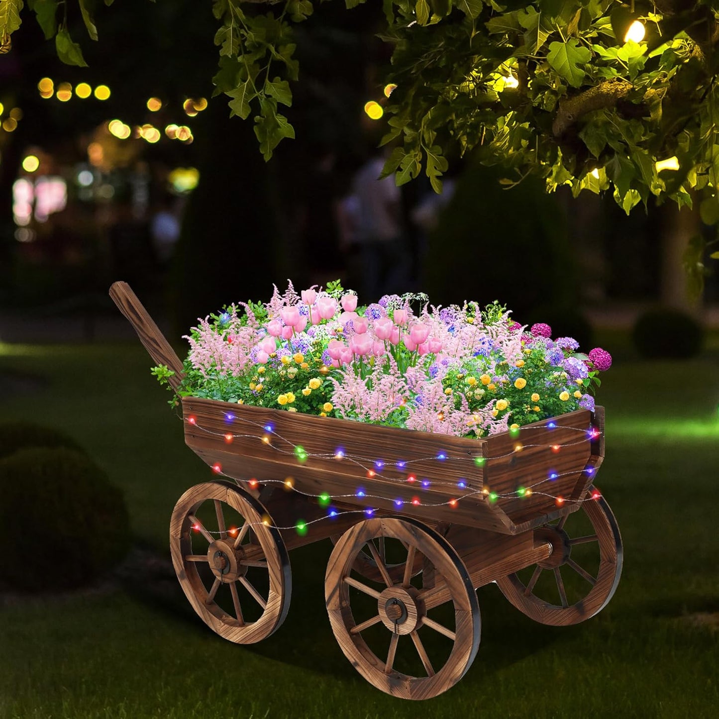Wood Wagon Planter with Light for Outdoor Balcony Decor - Garden Rustic Wooden Flower Cart with Wheels for Outside Garden Decor Wheelbarrow Planter for Patio Christmas Decoration Gift Car