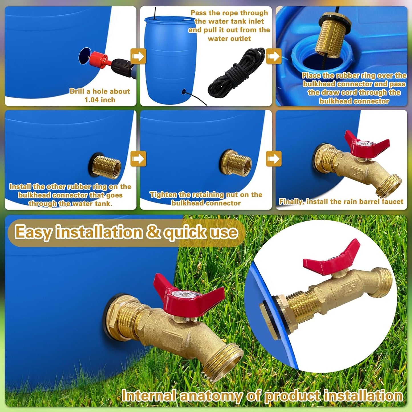 Rain Barrel Spigot Kit 3/4" GHT Lead-Free Compliant Brass Garden Hose Valve+Brass Garden Hose Bulkhead Fitting for Rain Barrels Aquariums Water Tanks Tubs Pools Spigot