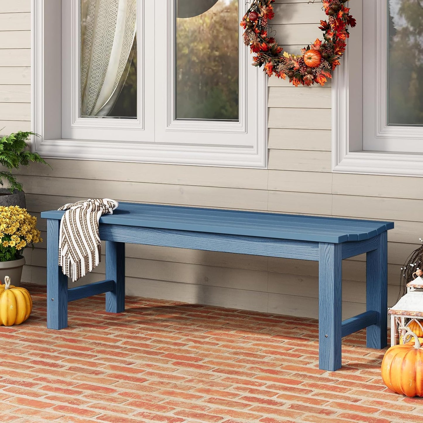 Outdoor Bench, 2-Person Patio Backless Bench Holds up to 800lbs, Weatherproof Garden Bench That Never Rot and Fade, Suit for Backyard, Porch, Patio, Deck and Entryway (Blue)