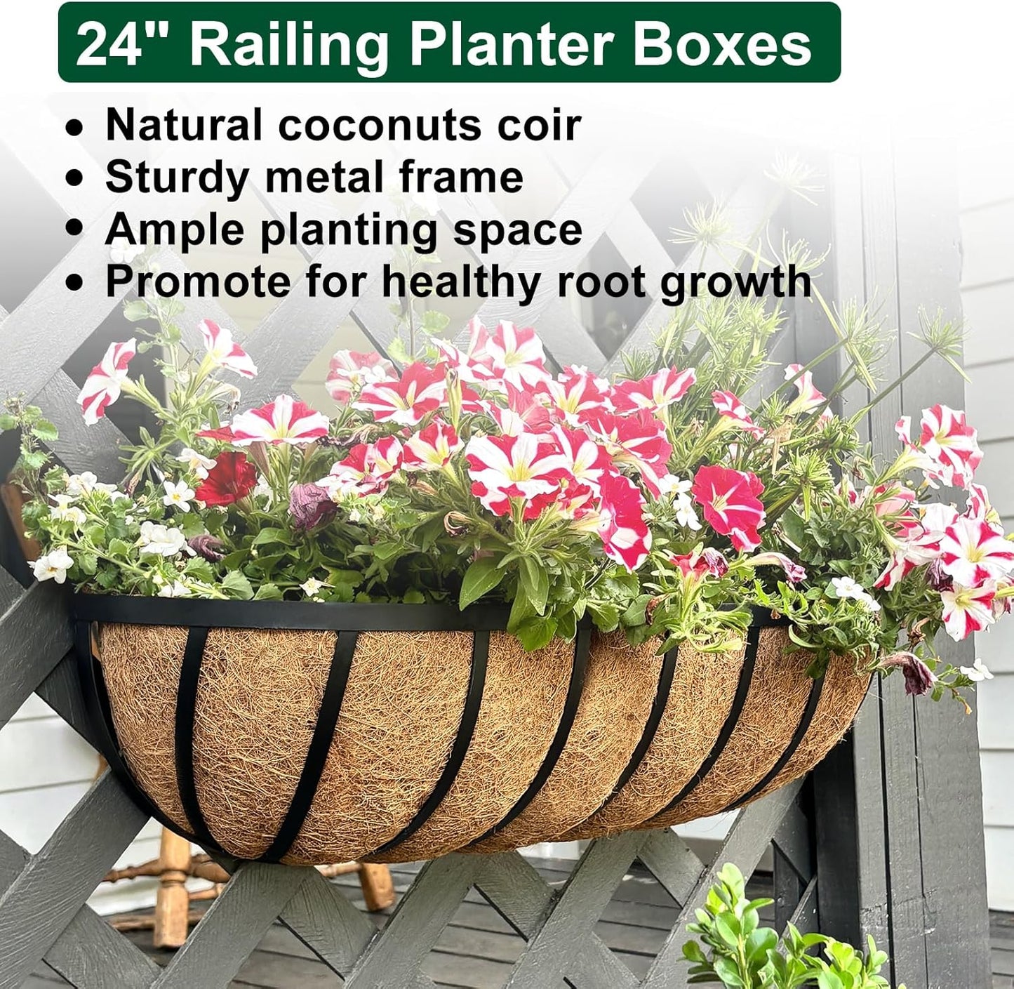 DUNCHATY Railing Planter Window Box - 4 Pack 24" Horse Trough Planter with Coco Fiber Liner - Deck Balcony Rail Planter for Porch Fence Patio Outdoor