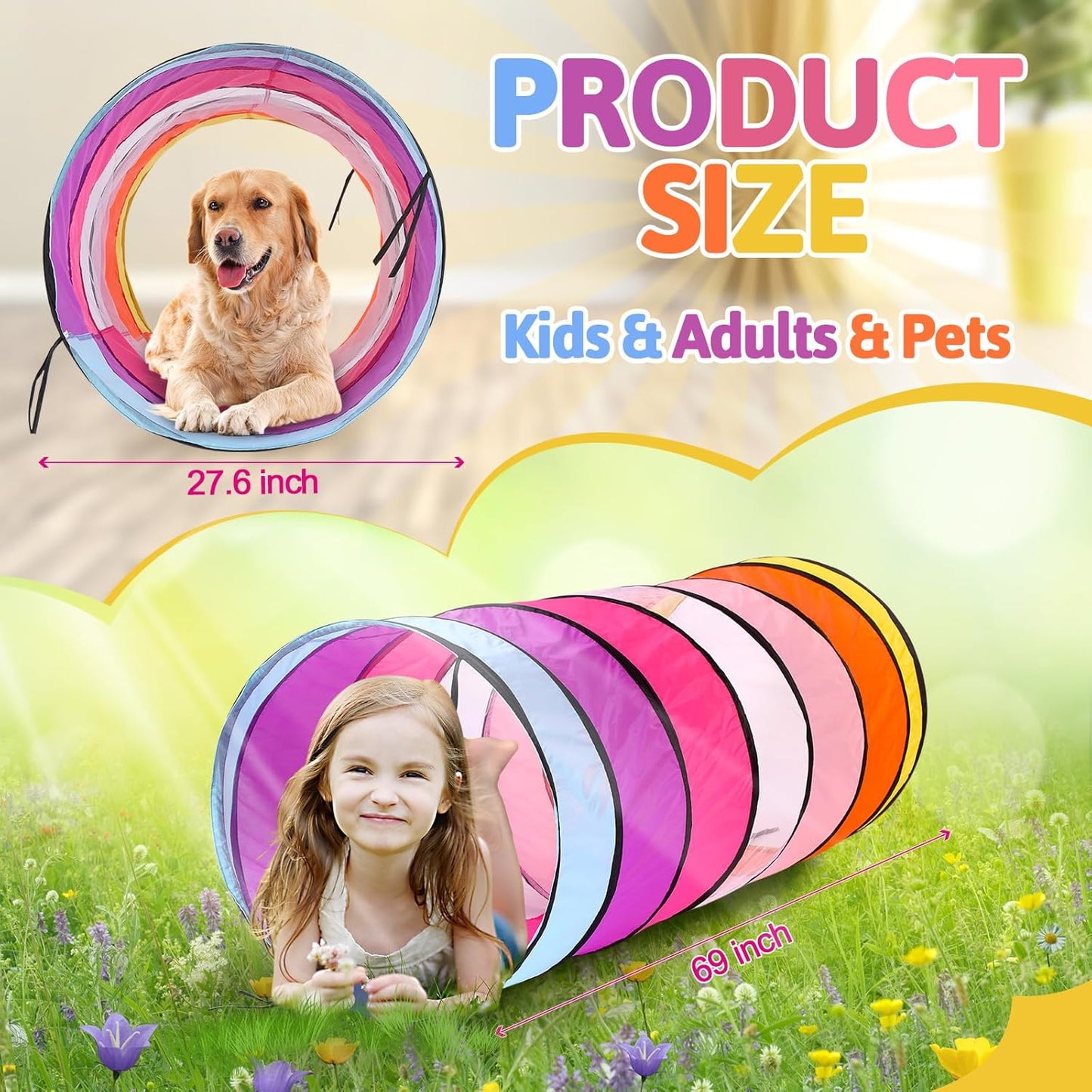 27.6 Inch Large Play Tunnel for Kids Pop Up Play Tunnel Tent Colorful Crawl Tunnel for Toddlers Babies Children or Dogs, Collapsible Gift for Boy Girl Tunnel Toys Indoor Outdoor(1 Pcs)