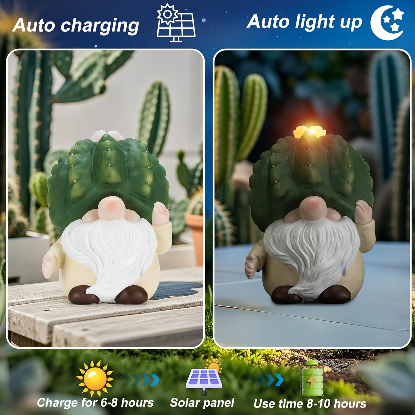 Solar Cactus Gnome Statue Garden Decor Light - Outdoor Decorative LED Flower, Suitable for Patio, Lawnand Garden Decorations, Gifts for Mom