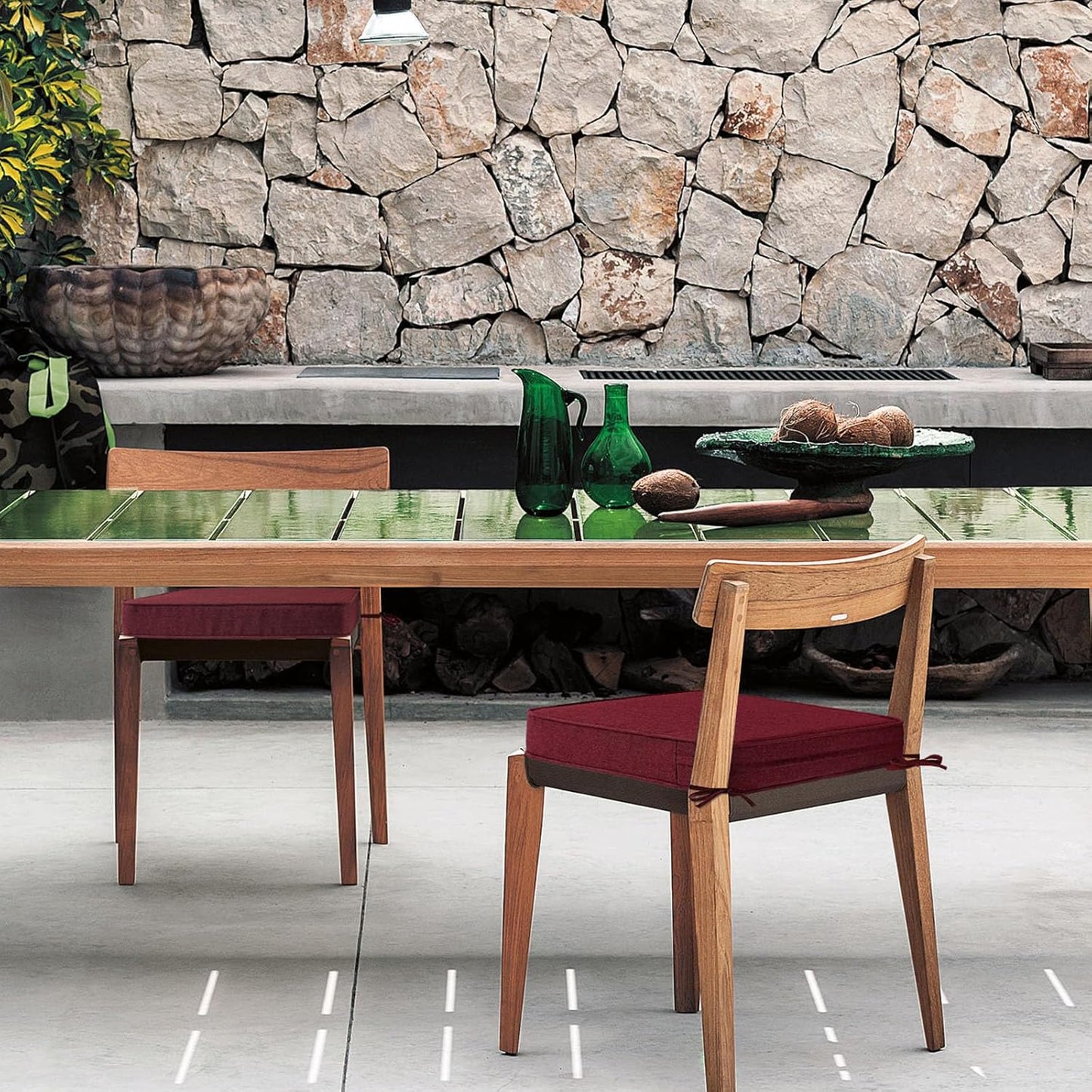 Sunbrella Square Corner Seat Cushions, 19" x 19" x 3", Set of 4, Indoor Outdoor Water Repellent Universal Chair Pads with Ties for Patio Furniture, Garden Dining Chairs, Spectrum Ruby