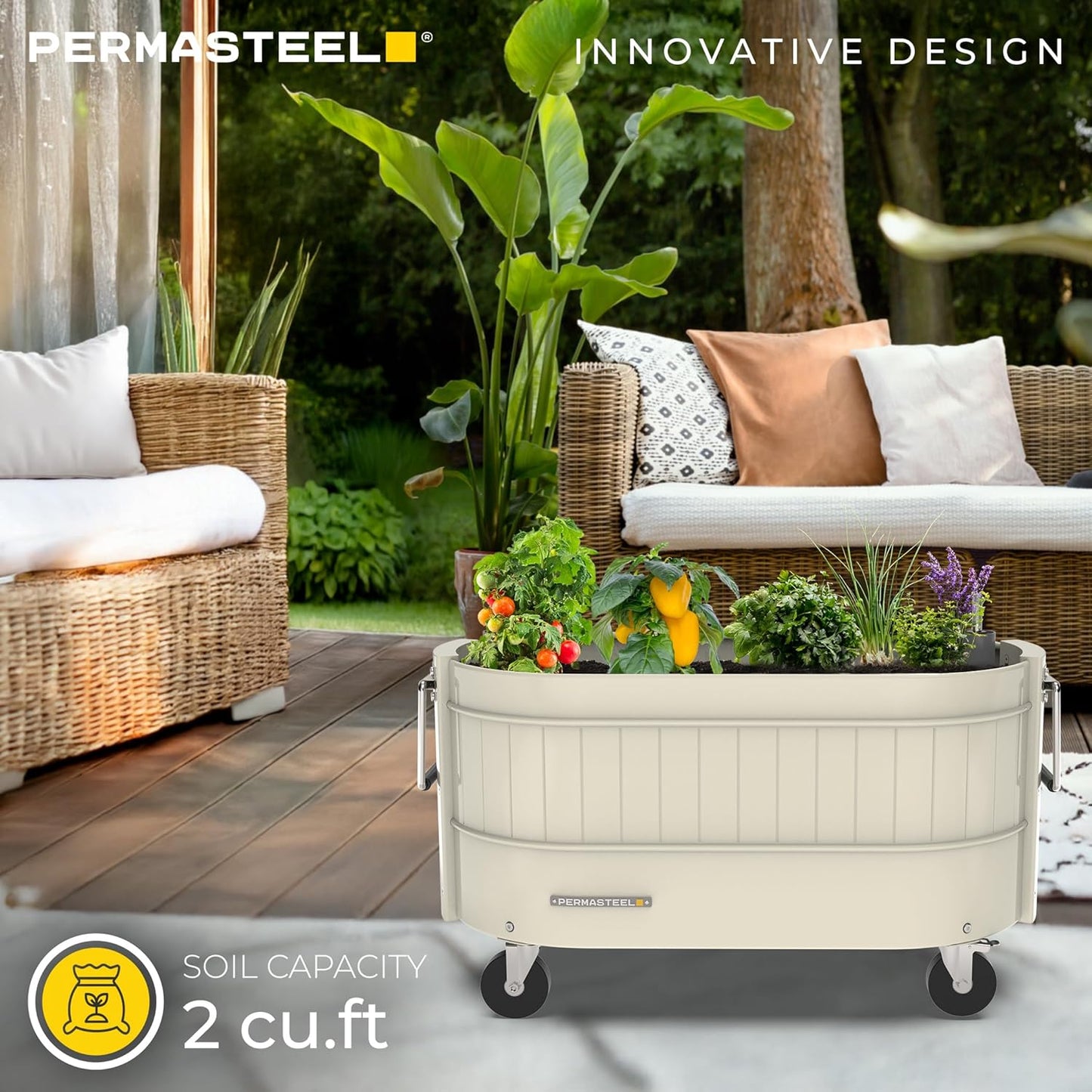 Permasteel Self-Watering Garden Bed, Rolling Planter for Vegetables, Flowers, Herbs, and Fruit, Outdoor Indoor, Caster Wheels, Ivory