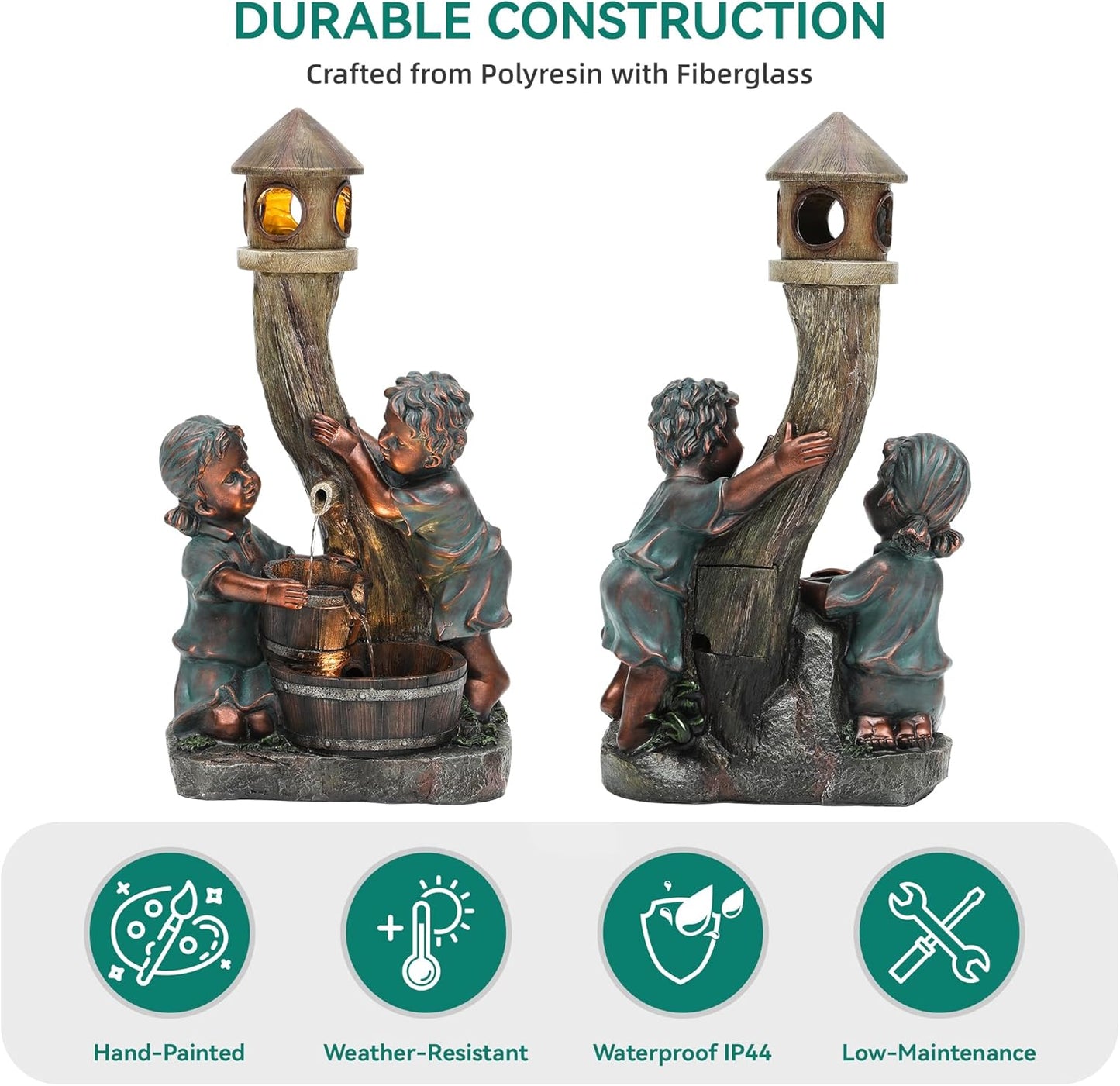 31" Resin Outdoor Water Fountain with LED Lights, Boy and Girl, Pagoda and Wood Barrel Garden Fountain, 3-Tier Cascading Waterfall for Tranquil Backyard, Patio or Porch, Faux Bronze Finish