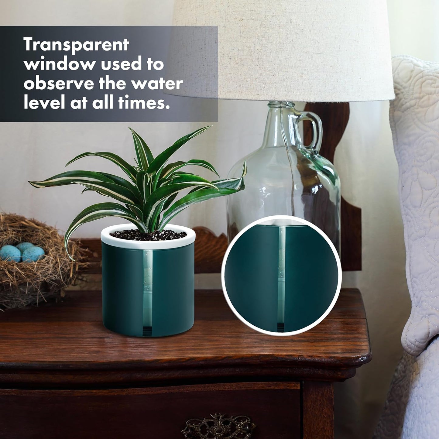 D'vine Dev 4 Inch Design Self Watering Planter for Indoor Plants, White Terracotta Pot with Teal Cylinder Glass Cup, Set of 2, 37-Y-A-5