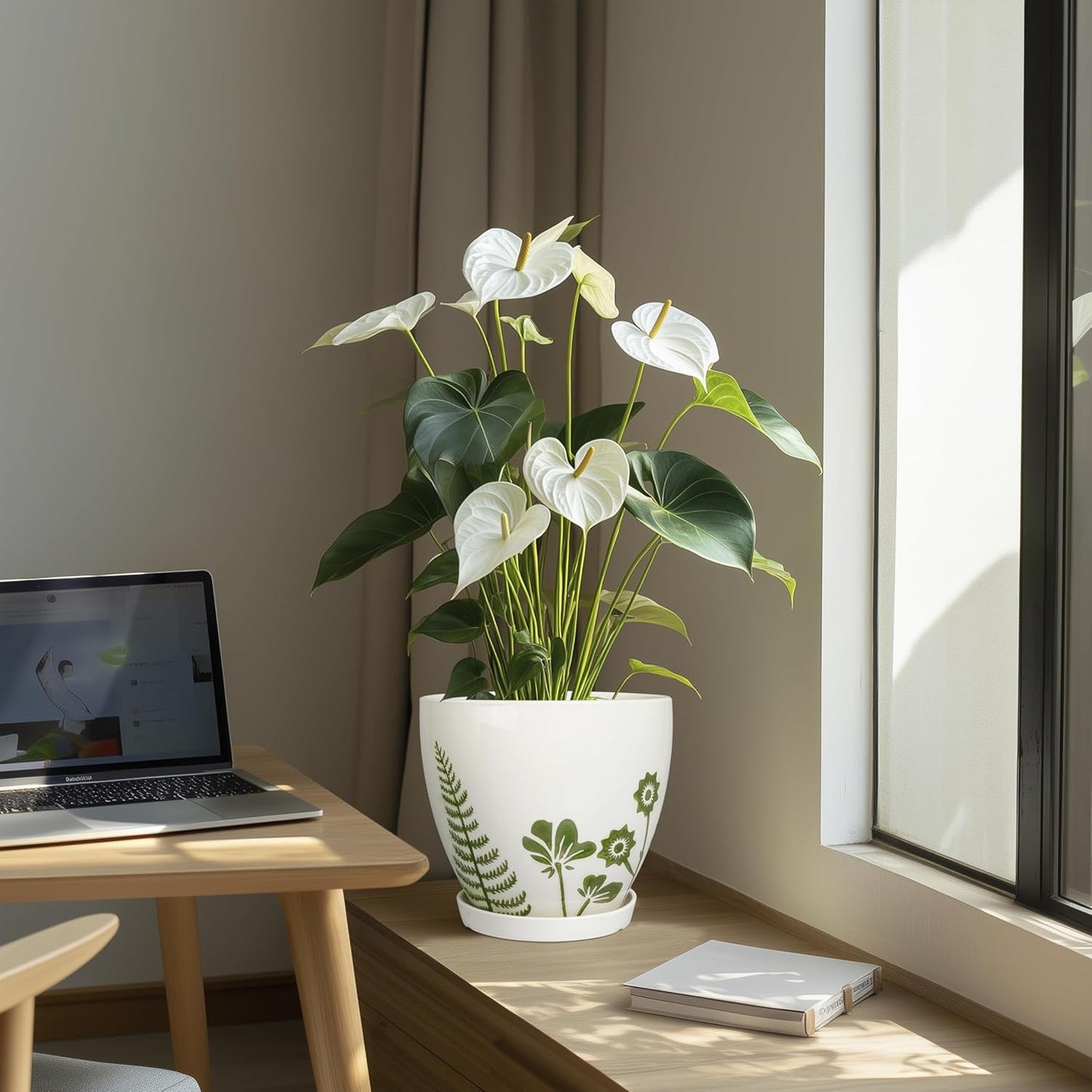 8.2 Inch Plant Pot - Ceramic Planter for Indoor Outdoor Flowers, Boho Round Decorative Indoor Flower Pot with Drainage Hole and Saucer, Gifts for Plant Lovers, Office Garden House Decor, White