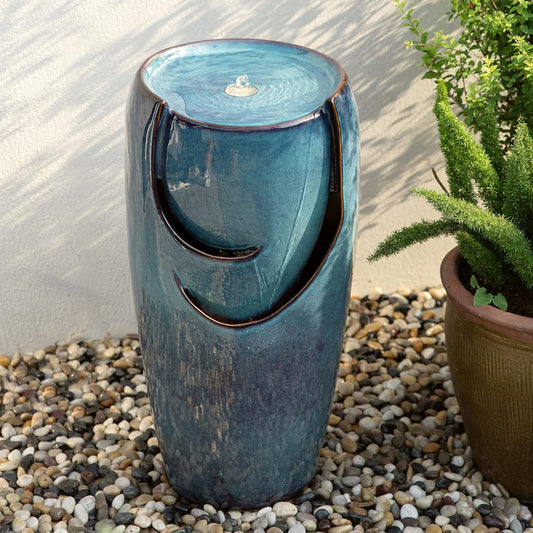 Glitzhome 29.25" H Oversized Ceramic Vase Outdoor Water Fountain Tall Patio Garden Water Fountain with LED Light and Submersible Pump Yard Art Decor, Turquoise