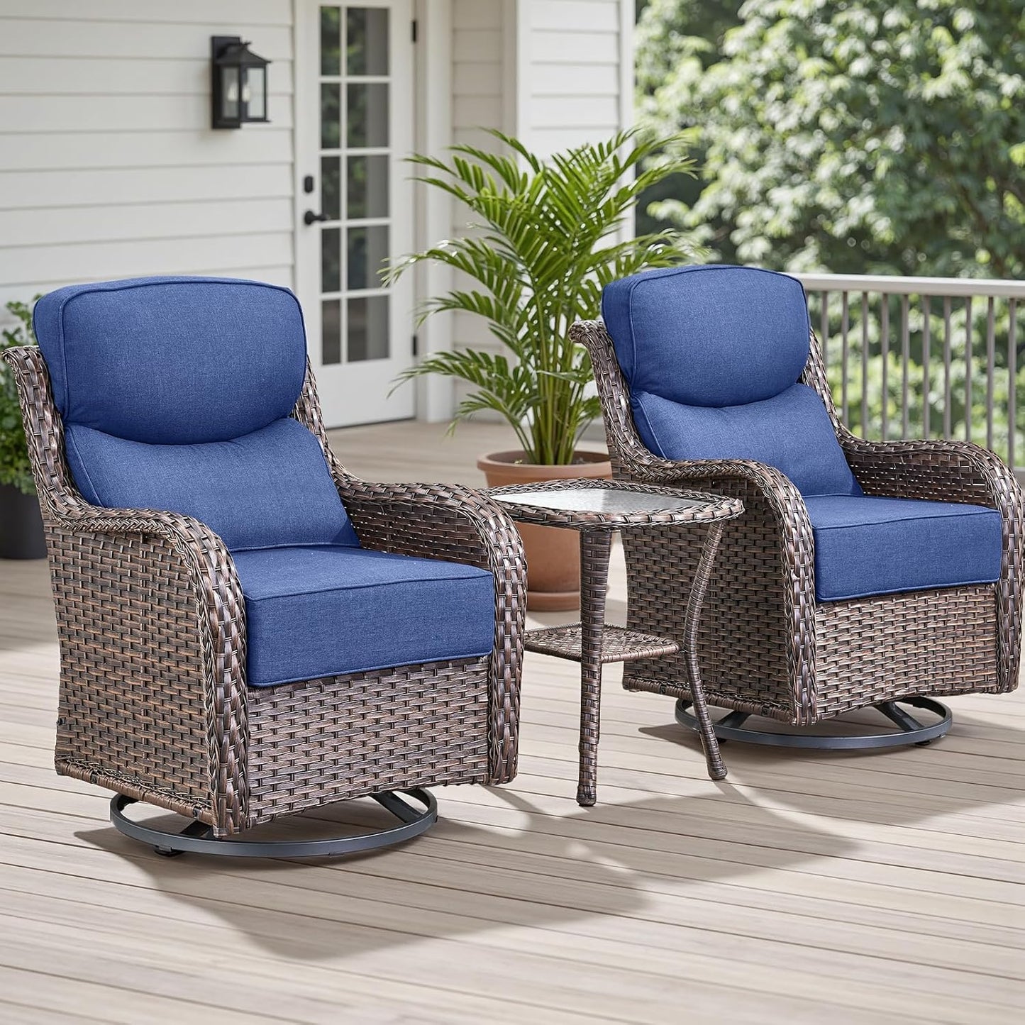 Outdoor Patio Swivel Rocker Chairs Set of 2, Waterproof Wicker, High Back, Deep Seating, Wide Armrest, Upgraded 6 inch Thick Cushions, Side Table, Ideal for Deck Porch Yard, Brown/Blue