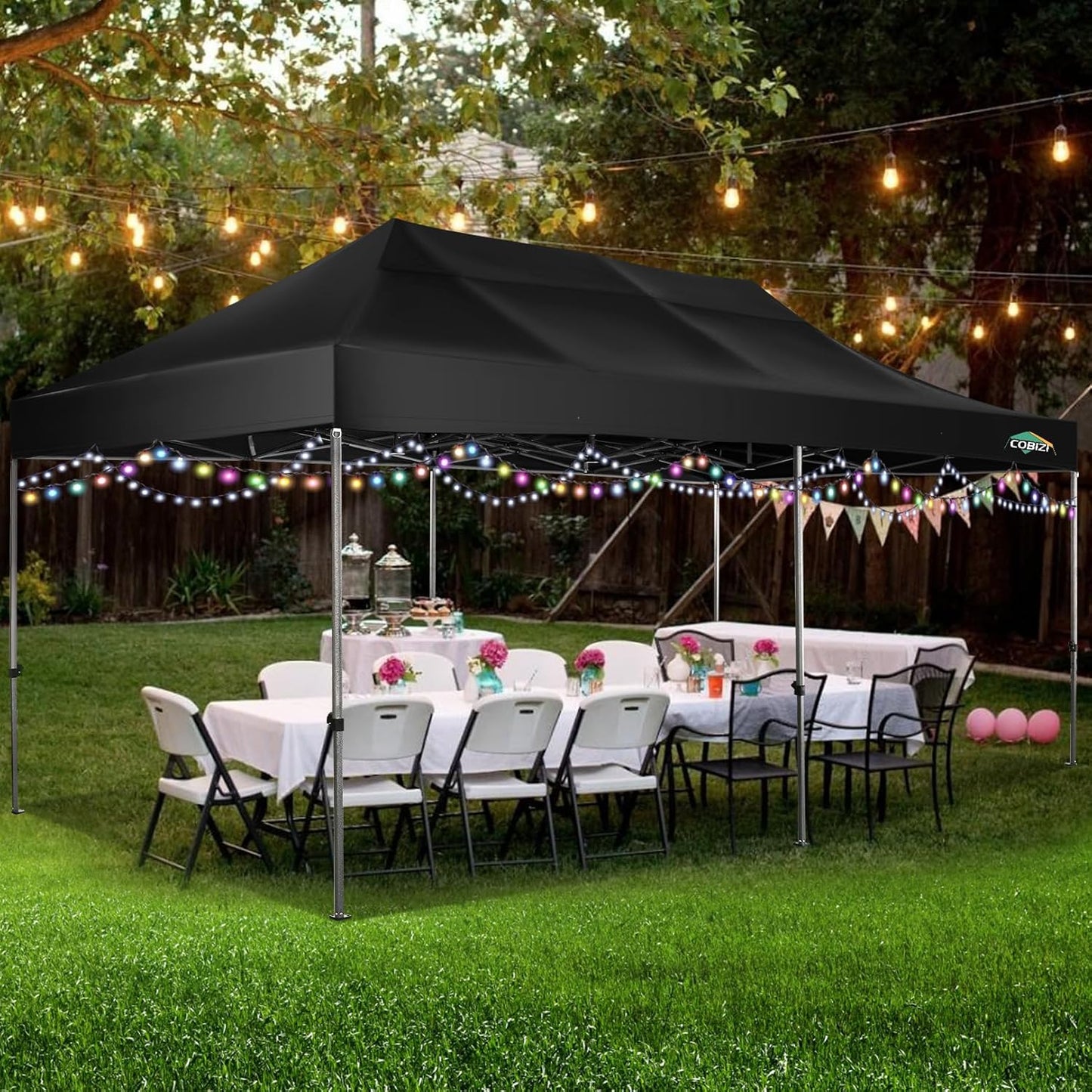 COBIZI 10x20 Heavy Duty Pop up Canopy Tent Easy Up Commercial Outdoor Canopy Wedding Party Tents for Parties All Season Wind & Waterproof Gazebo with Roller Bag,Black(Frame Thickened)