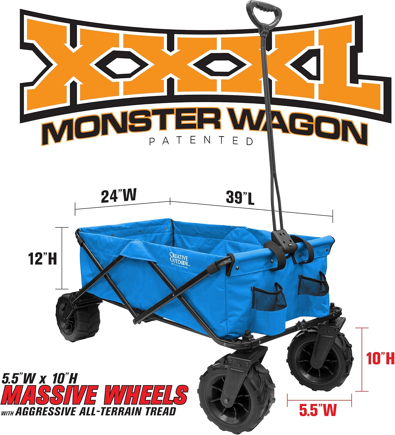 Creative Outdoor Push Pull Stroller Wagon for Kids, 250lbs Weight Capacity, XXXL Monster Series, Collapsible Giant All-Terrain Folding Cart, Beach, Park, Camping, Garden & Tailgate (Blue)