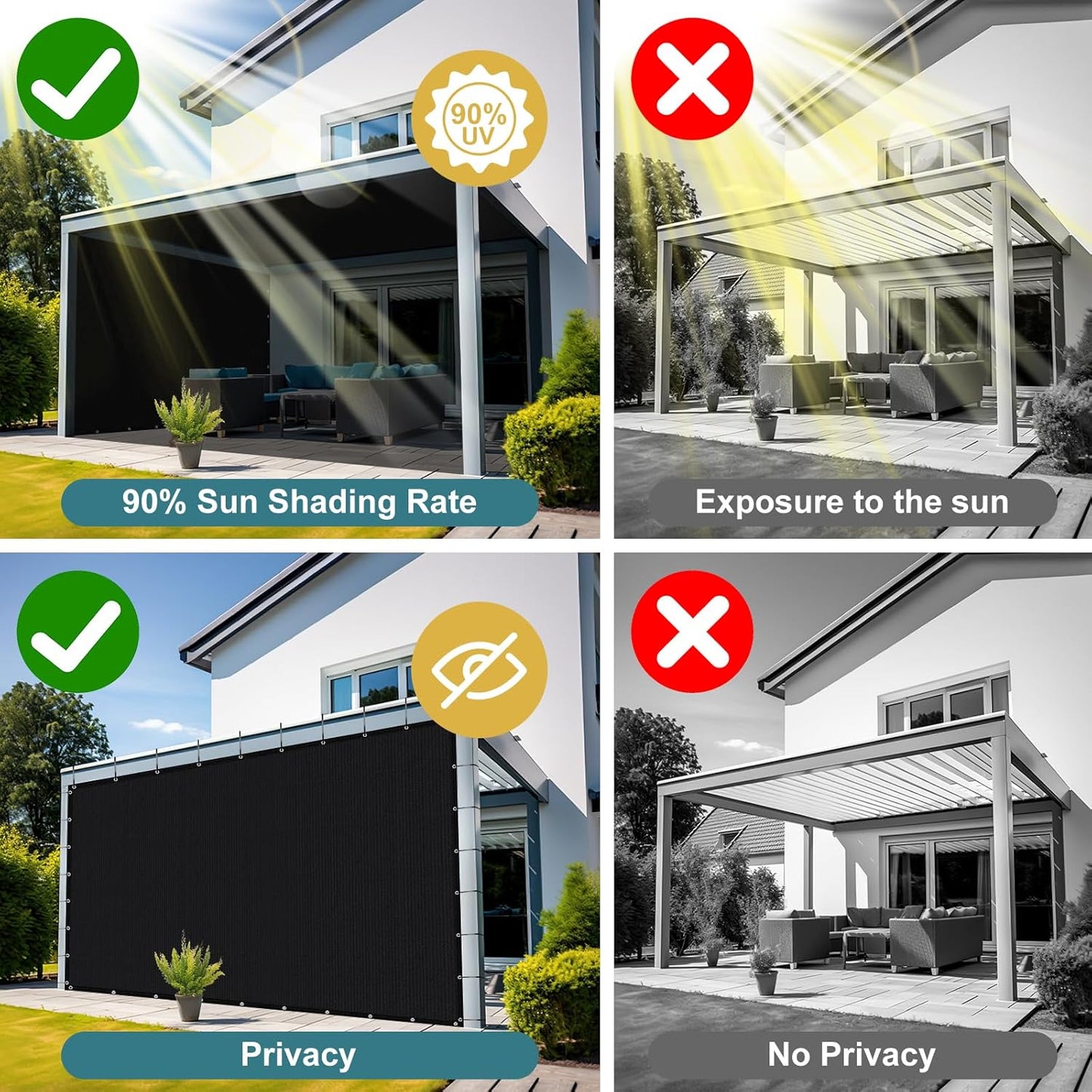 Shade&Beyond 90% Sun Shade Cloth with Grommets, 6' X 8' Pergola Shade Cover Canopy, Mesh Tarp Sun Screens for Patio, Outdoor, Garden, Backyard, Black