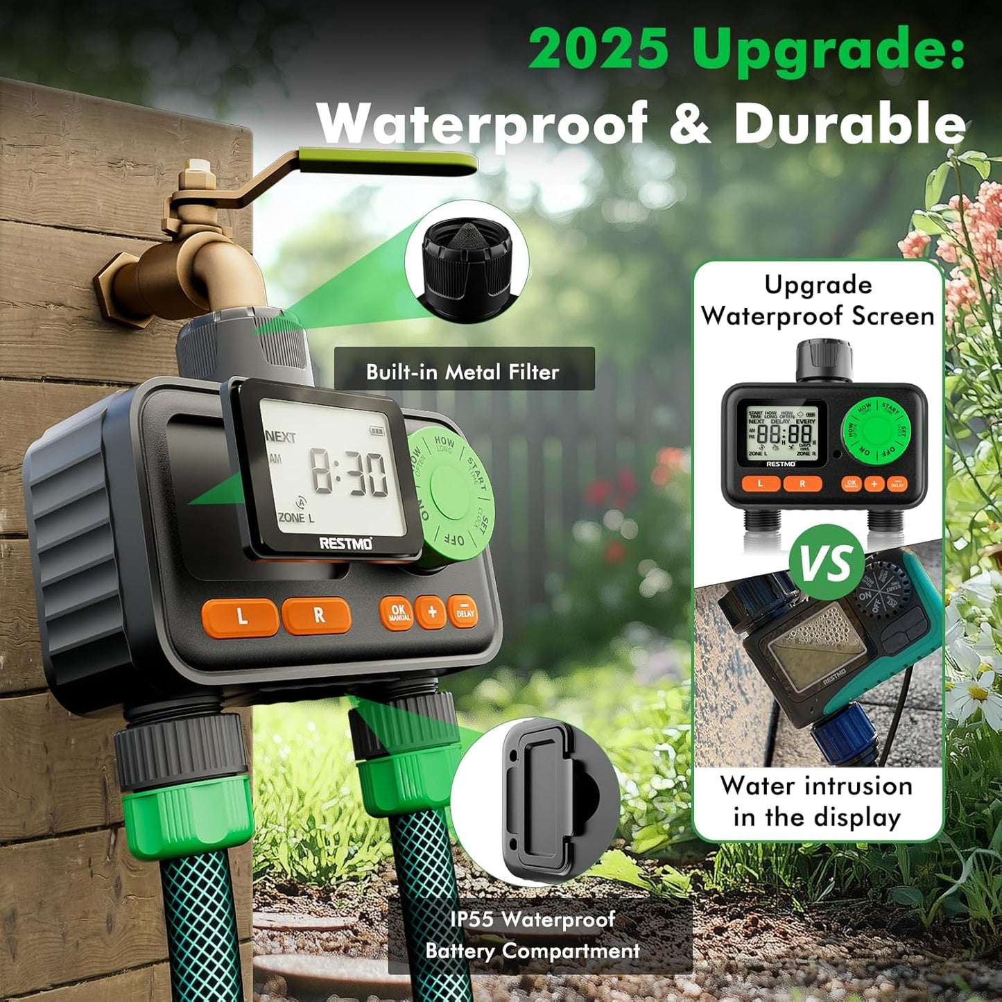 RESTMO 2 Zone Sprinkler Timer, Programmable Water Timer for Garden Hose, Automatic Control | Manual ON/Off | Rain Delay for Outdoor Faucet, Drip Irrigation and Lawn Watering System