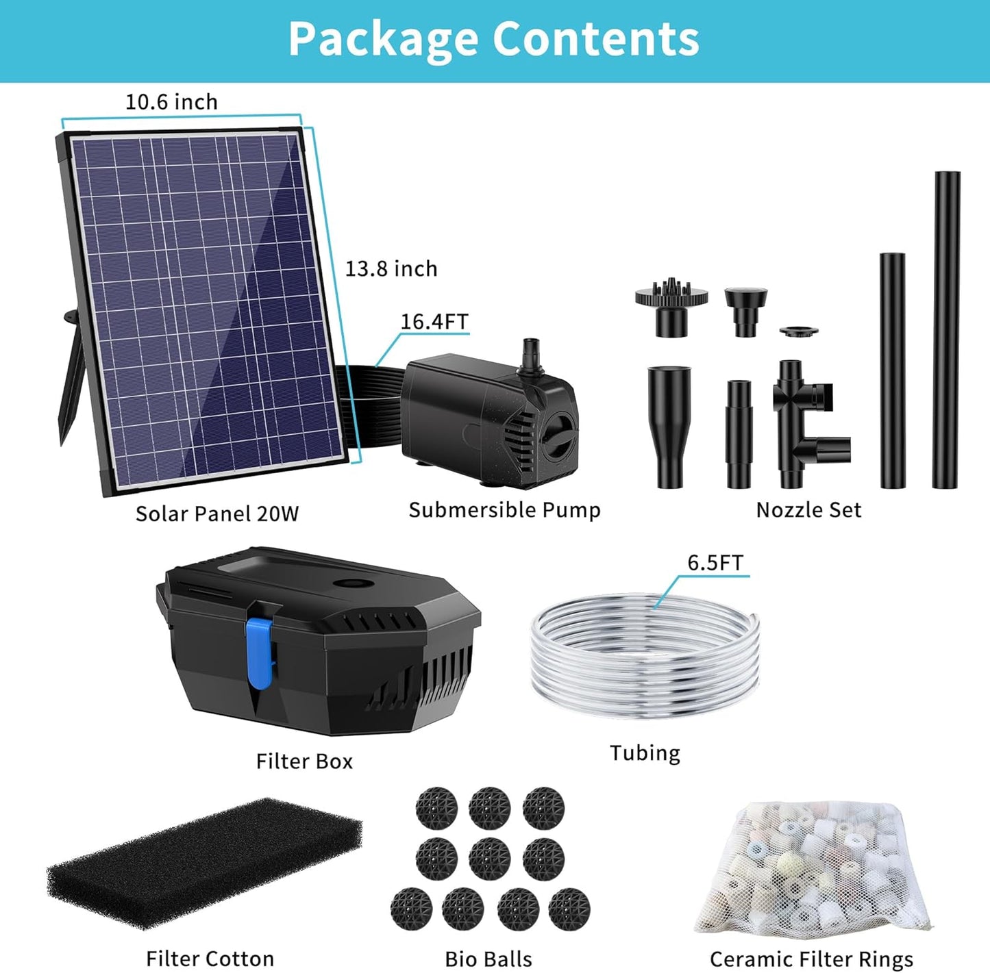 NFESOLAR Solar Pond Filter Fountain, 20W Solar Pond Pump with Pond Filter, 16.4FT Cord, 6.6FT Tubing for Outdoor Small Pond 120-300 Gallons, Fish Tank, Pool, Garden Waterscape N3222