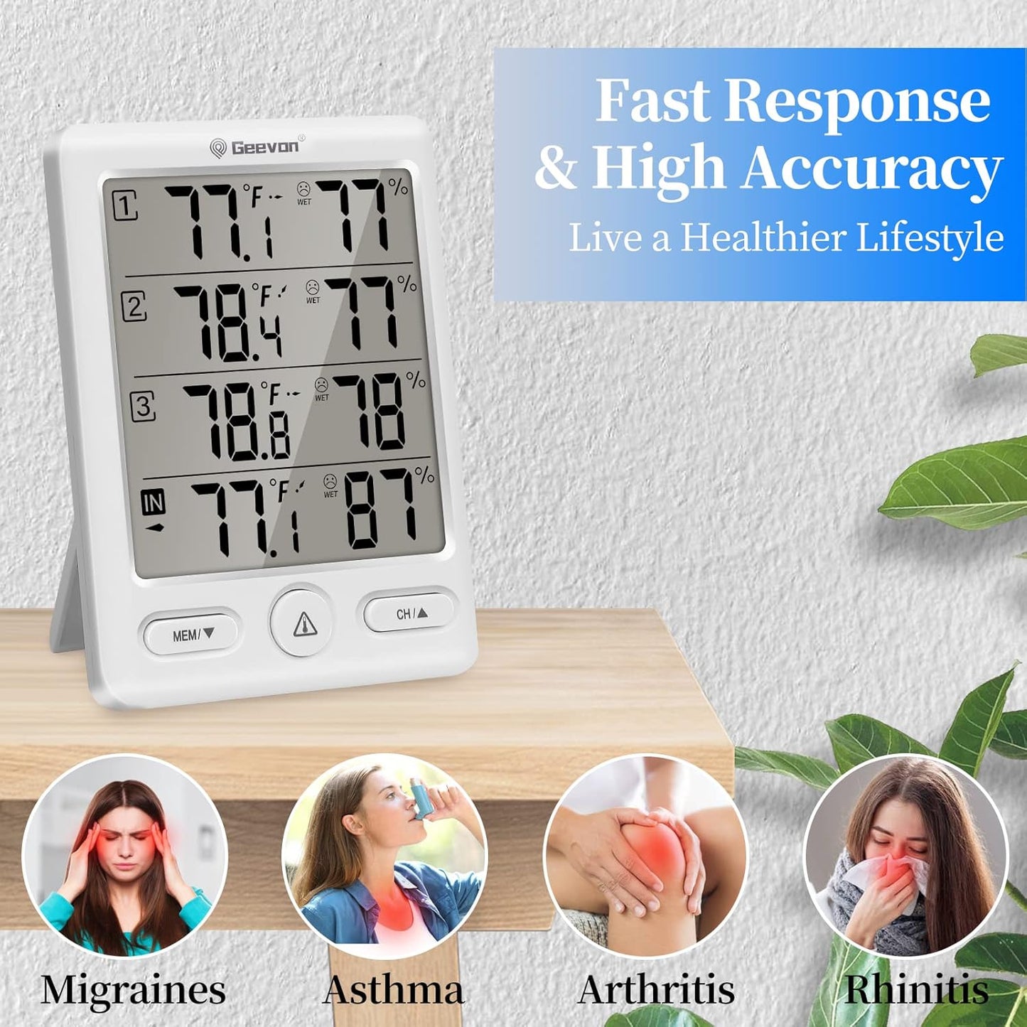Geevon Indoor Outdoor Thermometer Wireless with 3 Remote Sensors, Digital Hygrometer Indoor Thermometer, Temperature Humidity Monitor Gauge with 200FT/60M Range (White)