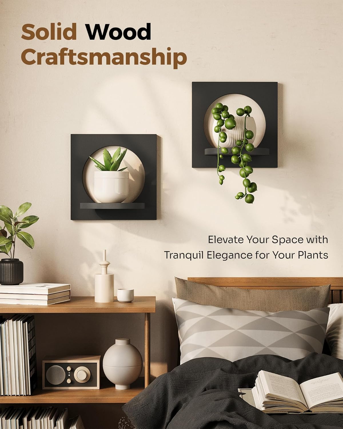 Bamworld Wall Plant Hanger Plant Wall Decor Hanging Wall Planter for Air Plants Succulents Window Plant Shelves Wood Plant Stand for Home, Hallway, Bedroom (Set of 2)