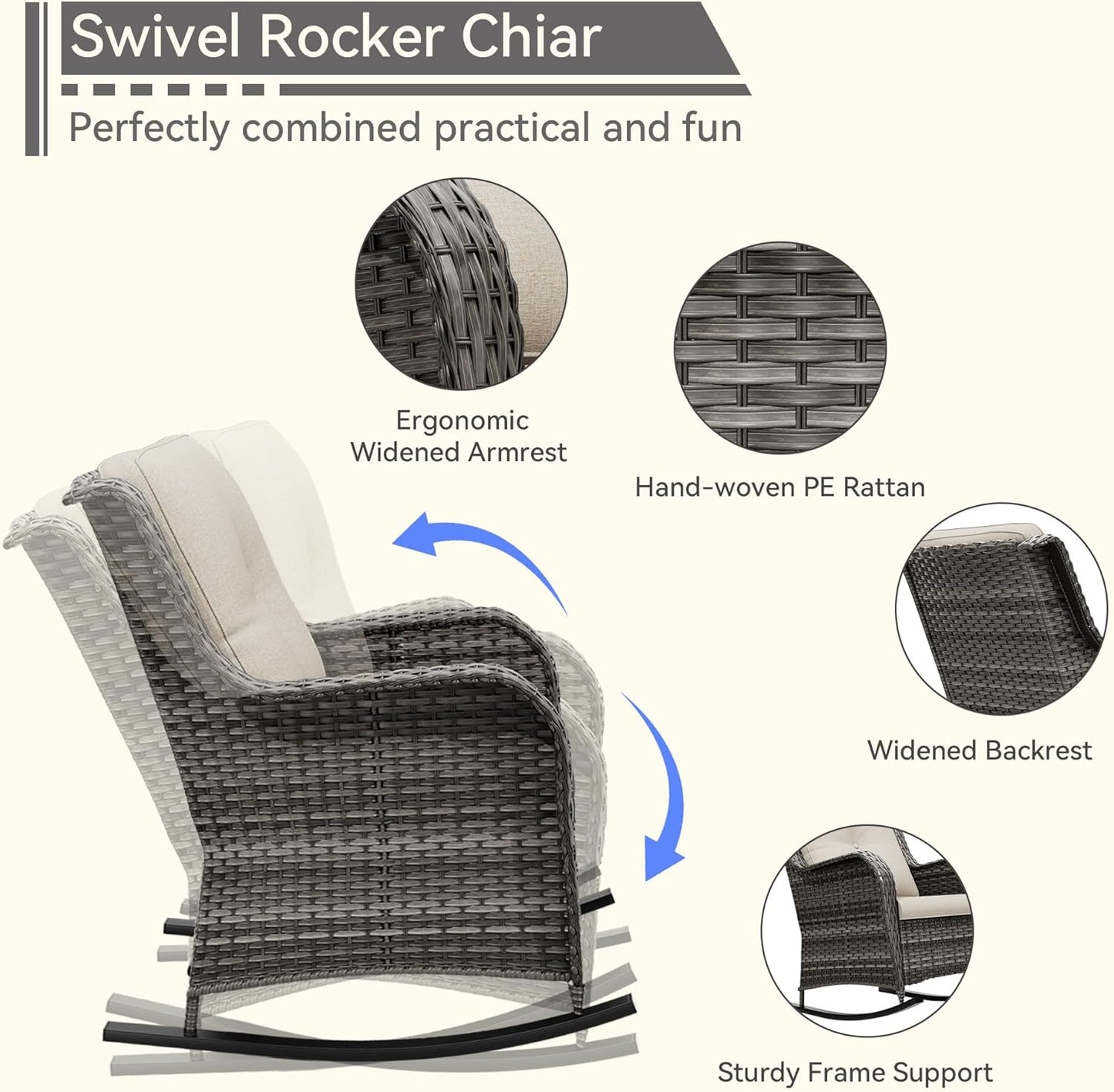 Outdoor Rocking Chair of 2, Wicker Patio Rocker Chair for Yard, Porch, Mixed Brown Grey Rattan, Beige Cushions