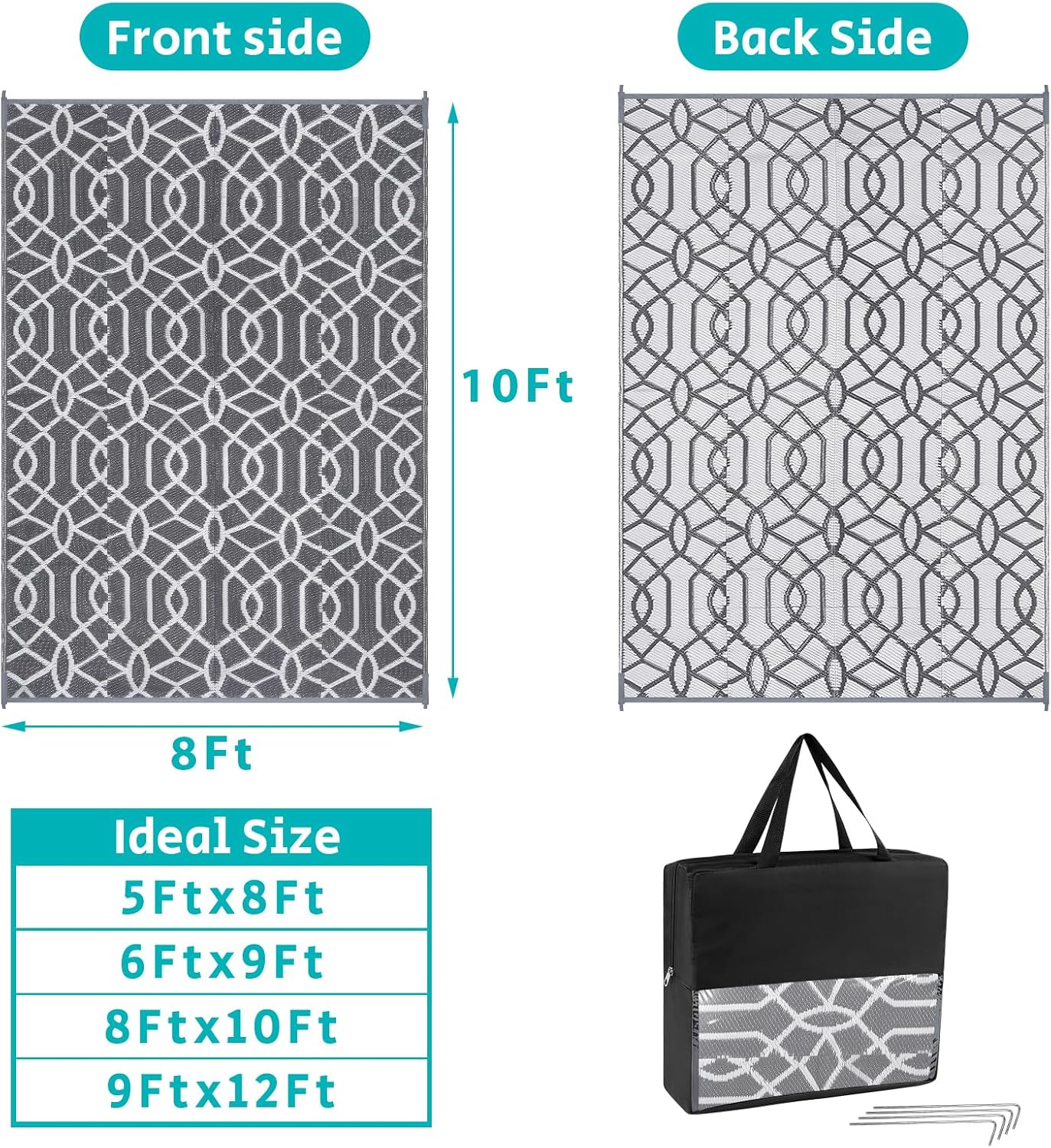 HEBE Outdoor Rug Waterproof 8x10, Reversible Plastic Straw Rug RV Camping Rug, Indoor Outdoor Patio Mat Clearance, Outside Carpet for Porch,Deck,Camper,Balcony,Backyard,Picnic