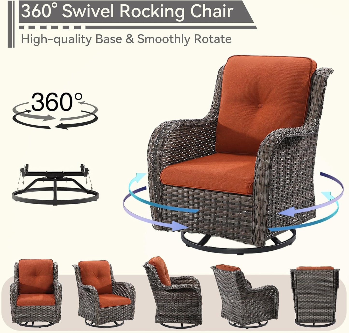 3 Pieces Outdoor Furniture Set - Patio Wicker Swivel Rocker Chair Set of 2 and 1 Side Table, Orange, Mixed Brown Rattan, Suitable for Porch, Yard