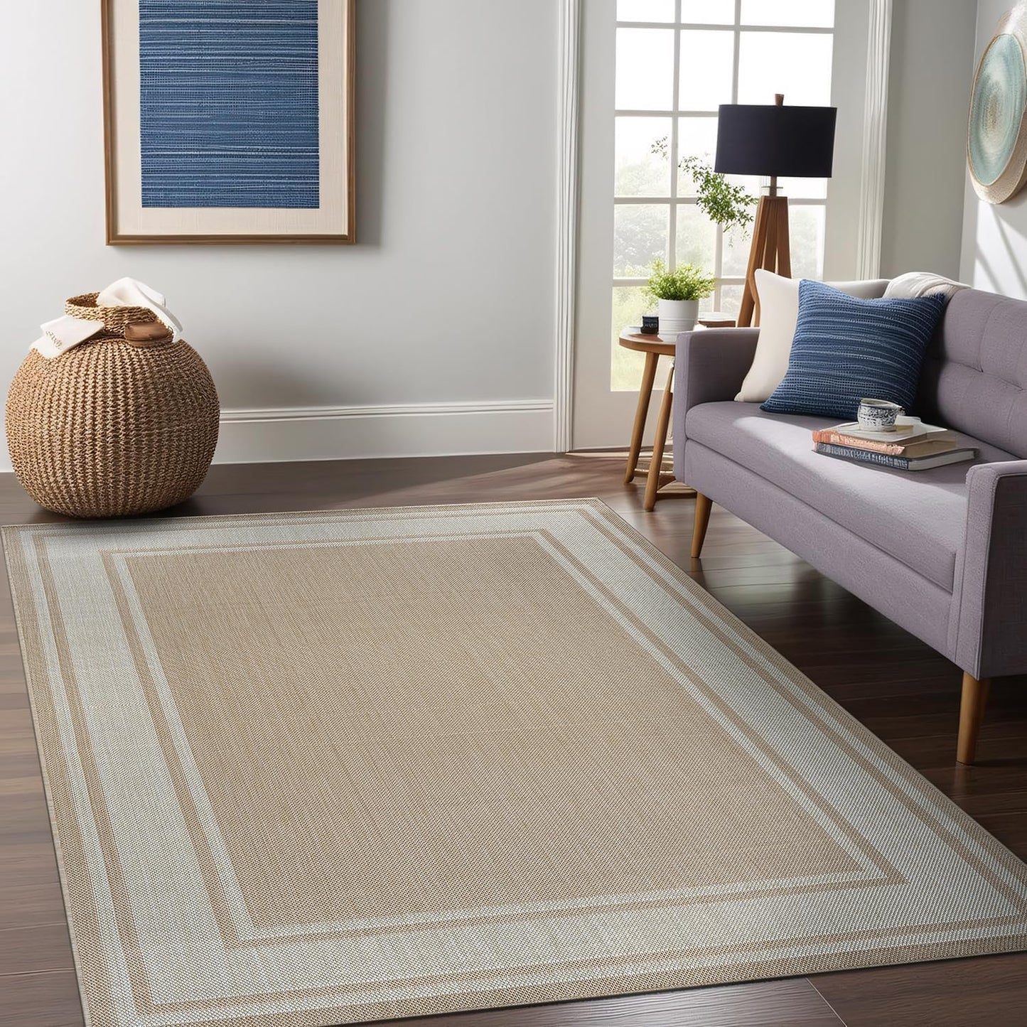 Beverly Rug Large Outdoor Rug 9x12 Modern Bordered Area Rugs for Indoor and Outdoor Patio Deck Porch Garden Waterproof Weather Sun Resistant Washable Outside Carpet (9 x 12 Beige)