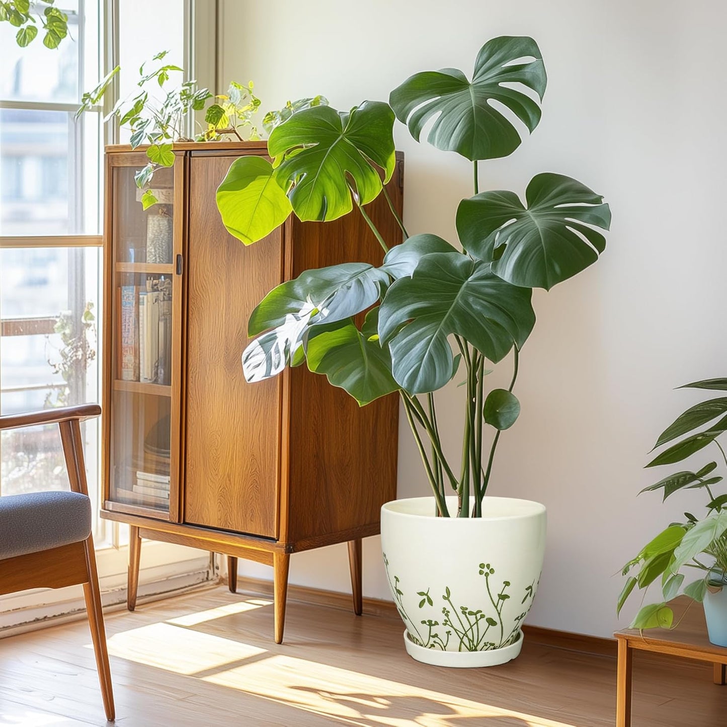 Ceramic Pot for Plants 10 Inch - Indoor Planter for Plants with Drainage Hole and Saucer, Decorative Boho Round Planter, Gardening Gifts for Women Men, Office Home Garden Decor, White