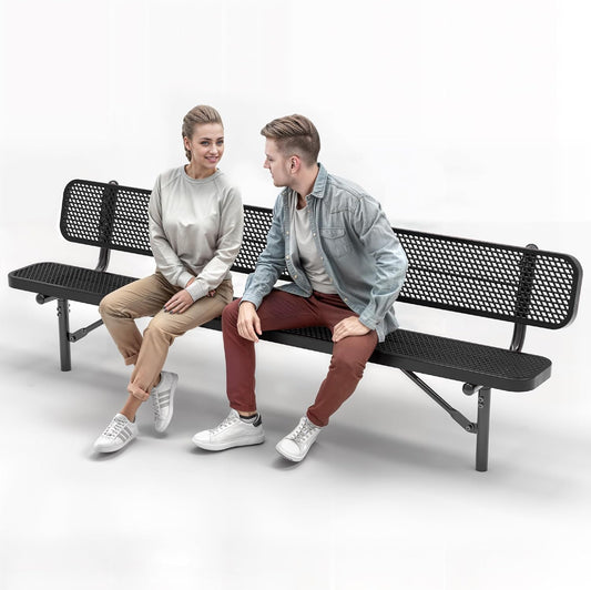 Heavy-Duty Outdoor Metal Bench, Thermoplastic-Coated, Inground, Weatherproof, Commercial-Grade for Parks, Gardens, Patios, Stores & More (8 Ft - Inground with Back, Black)