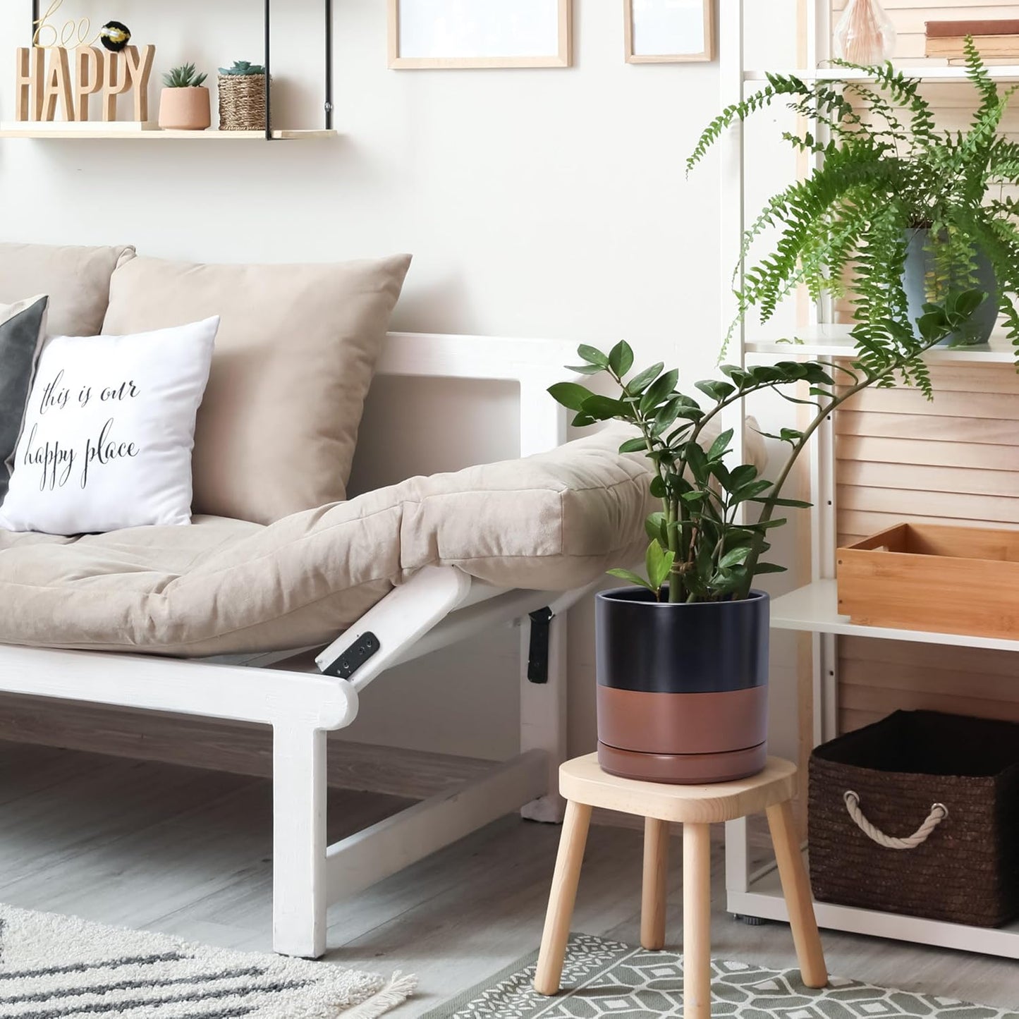 D'vine Dev 6 Inch & 8 Inch & 10 Inch, Set of 3 Round Ceramic Planter Pot with Drainage Hole and Saucer, Black/Speckled Tan, 94-T-L-7