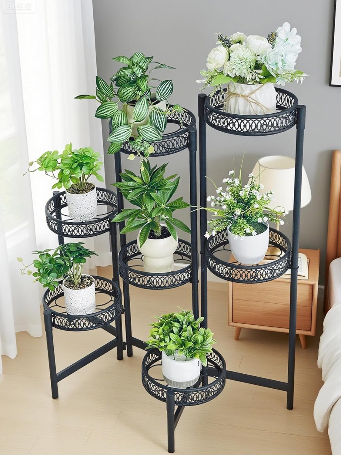Plant Stand Indoor Outdoor, 7 Tier Large Plant Stand with 7.9-Inch Wide Drainage Tray, Tiered Corner Metal Iron Flower Display Holder Shelf, Folding Tall Rack for Patio Balcony Porch - BlackFlower