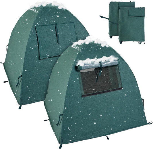 2 Packs Plant Cover Freeze Protection Blanket, 22''x22''x22'' Outdoor Garden Fabric Cover with Poles and Stakes for Winter Frost, Shade Cloth Plant Guard for Shrubs, Small Trees, Green