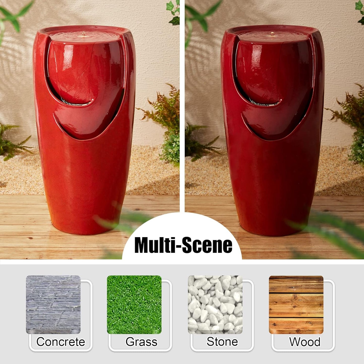 Glitzhome 29.25" H Oversized Ceramic Vase Outdoor Water Fountain Tall Patio Garden Water Fountain with LED Light and Submersible Pump Yard Art Decor, Red